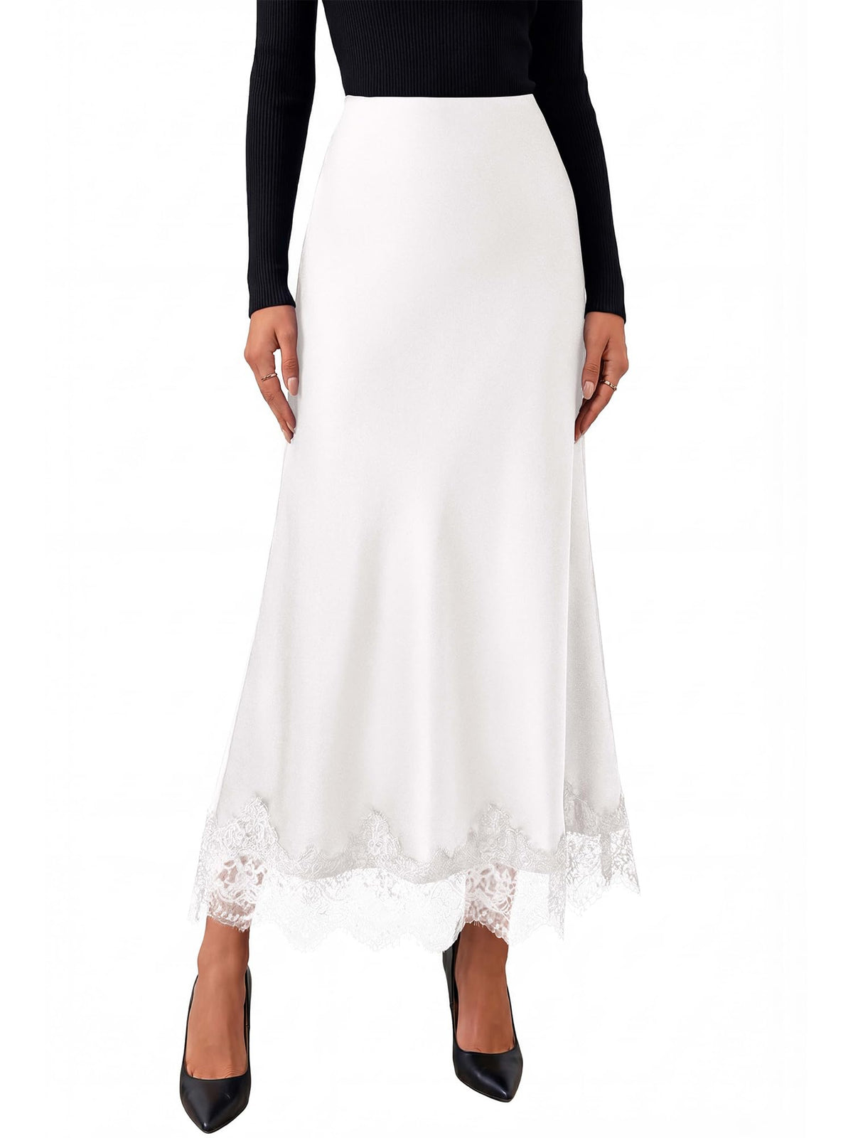 BTFBM Lace Trim Satin Skirts for Women Elegant | Lightweight, High Waist, A-Line, Flowy Maxi Skirt, Wedding, Cocktail, Graduation, Holiday Outfits, Fall Fashion Clothing