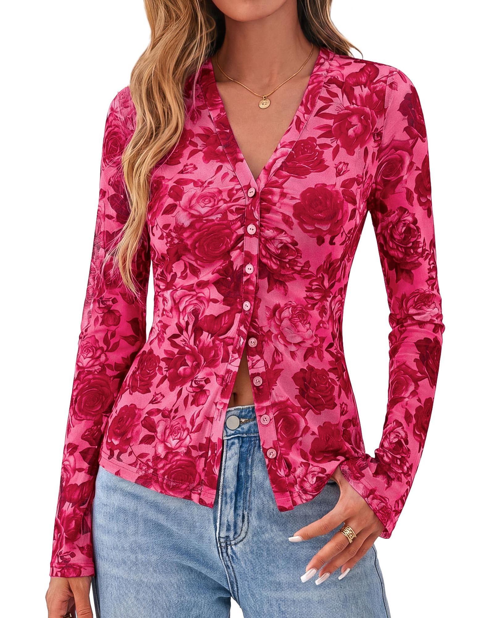 BTFBM Button Down Shirts for Women Spring Boho Tops V Neck Long Sleeve Blouses Ruched Mesh Fitted Fall Fashion