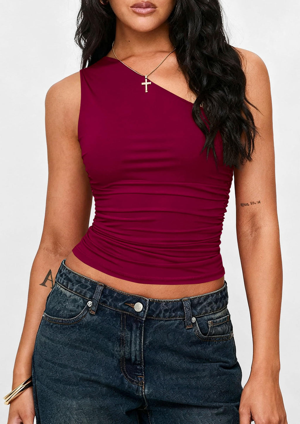 PRETTYGARDEN Womens Sleeveless One Shoulder Tank Top Ruched Slim Fit Shirts Basic Crop Y2k Tops  Spring Fashion Clothing