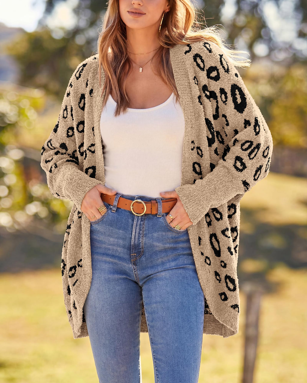 BTFBM Leopard Cardigan for Women Long Sleeve Open Front Cardigans Sweaters Pockets Loose Knit Fall Spring Outwear