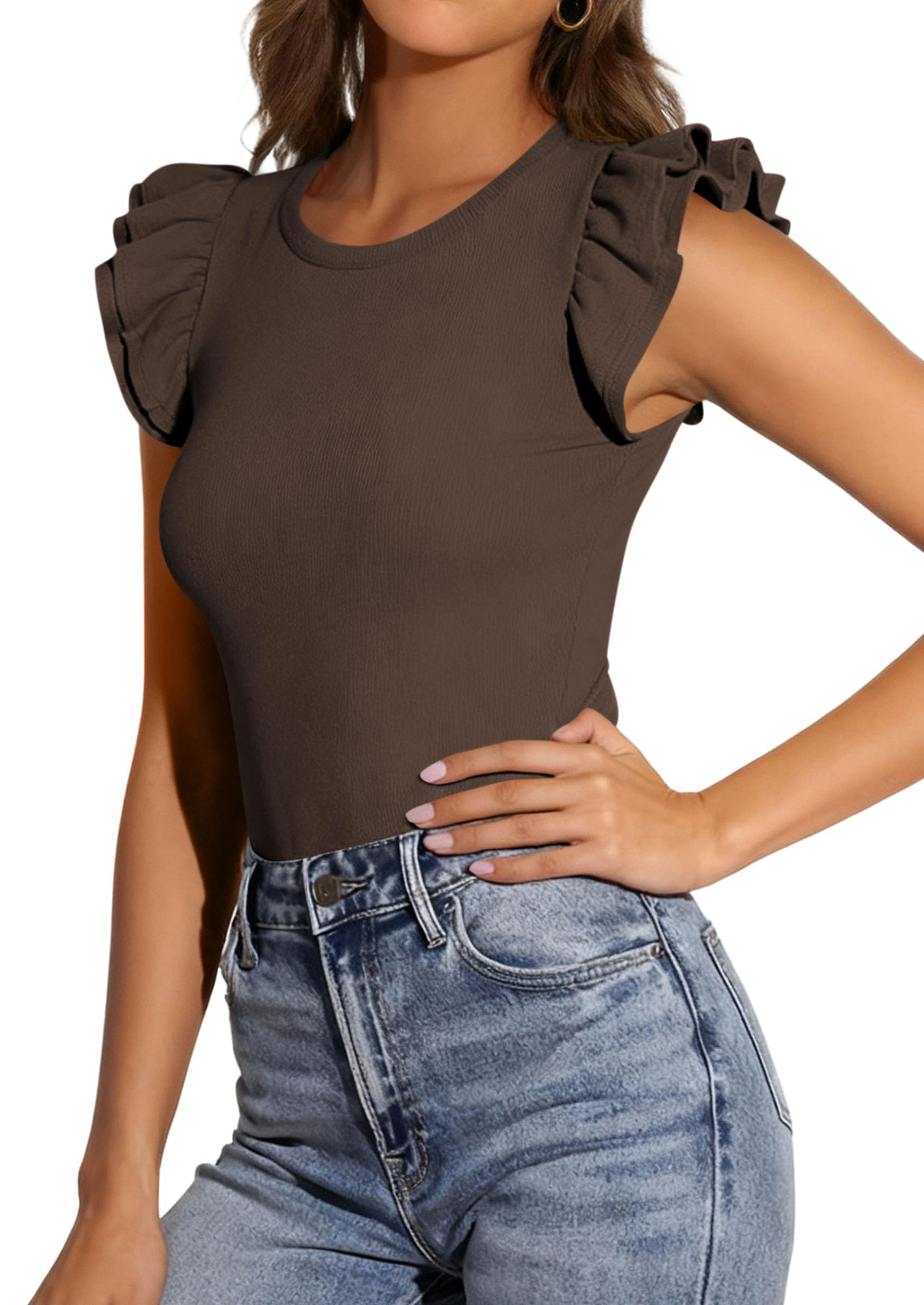 PRETTYGARDEN Womens Summer Crew Neck T Shirts Trendy Ruffle Sleeve Slim Fit Knit Going Out Tops Casual Spring Clothes