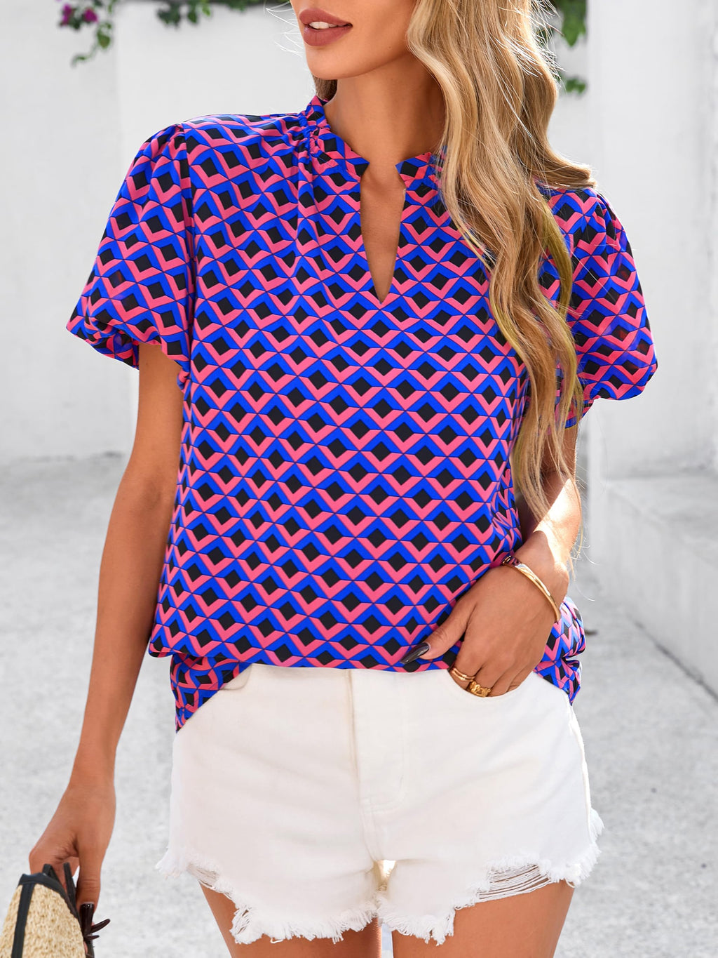 PRETTYGARDEN Boho Short Sleeve Floral Work Blouses for Women Dressy Casual V Neck Puff Sleeve Loose Chiffon Flowy Tops Shirts