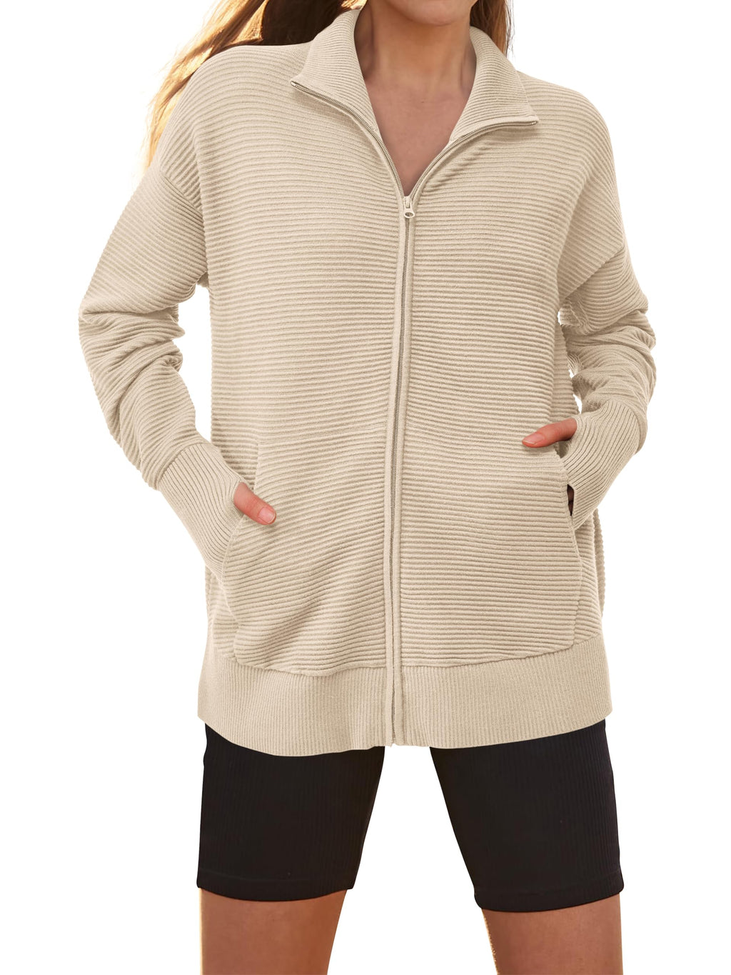 PRETTYGARDEN Womens Fall Long Sleeve Zip Up Cardigan Sweaters Casual Loose Collared Ribbed Knit Tops Jackets Thumb Hole