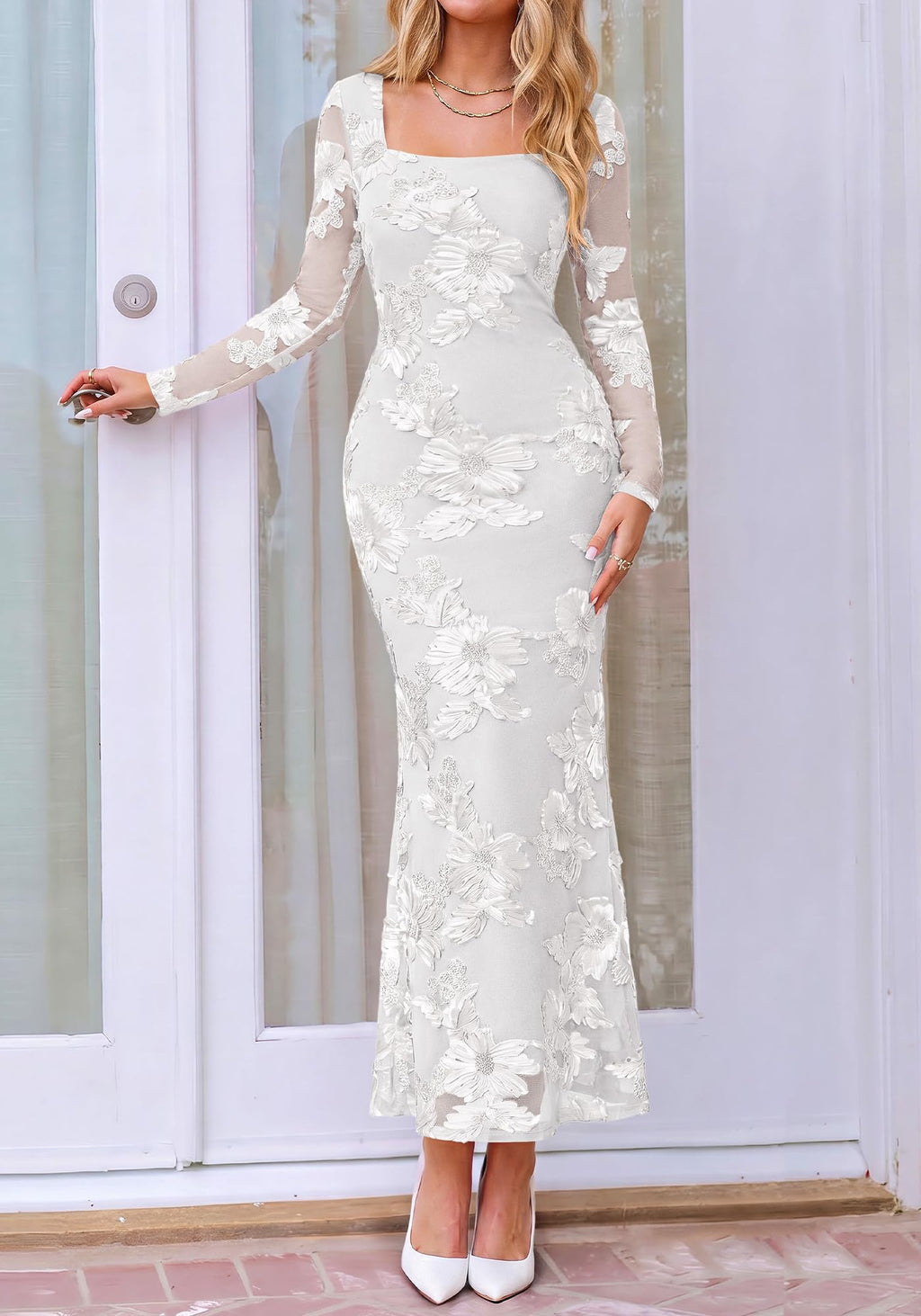 BTFBM Womens Long Sleeve Bodycon Floral Mesh Maxi Fall Wedding Guest Dress Semi Formal Dresses For Bridal Shower, Engagement, Cocktail, Homecoming, Prom, Birthday Party, Date Night Outfits, Lined