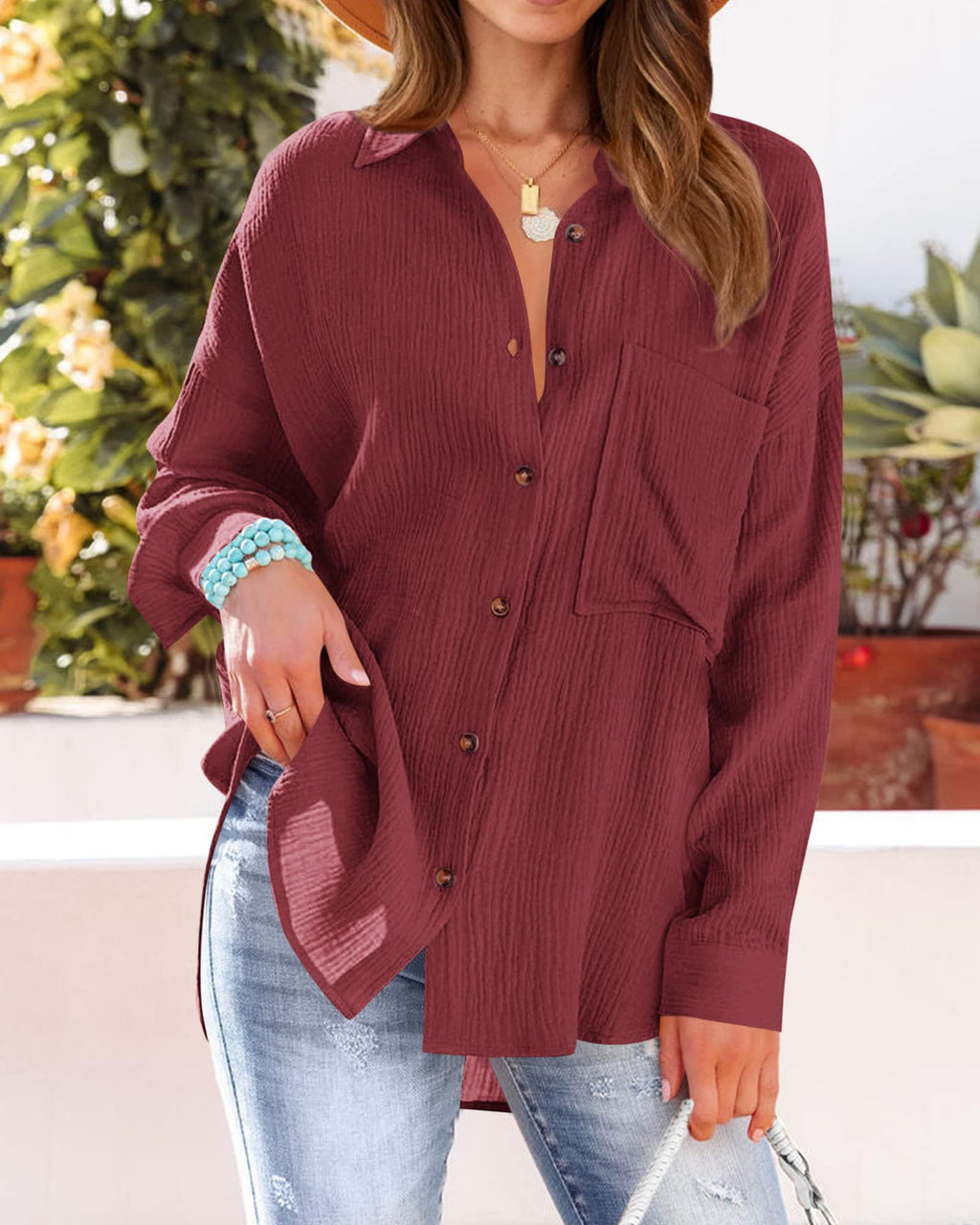 FreshPretty Casual Shirts for Women Long Sleeve Button Down Blouses Fall Solid Color Trendy Tops with Pocket