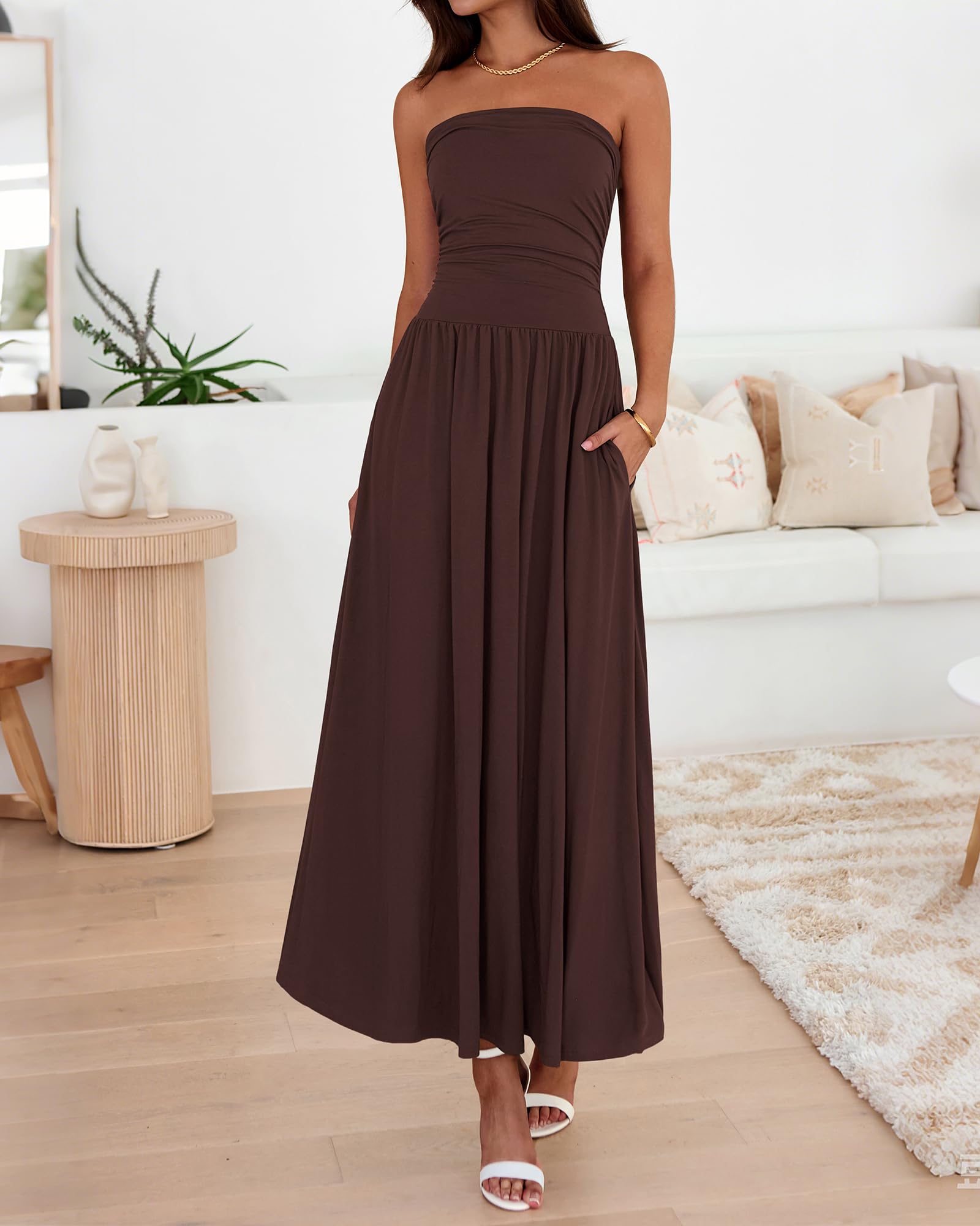 BTFBM Summer Maxi Dresses for Women Strapless Ruched Tube Top Beach Vacation Spring Wedding Guest Dress Pockets