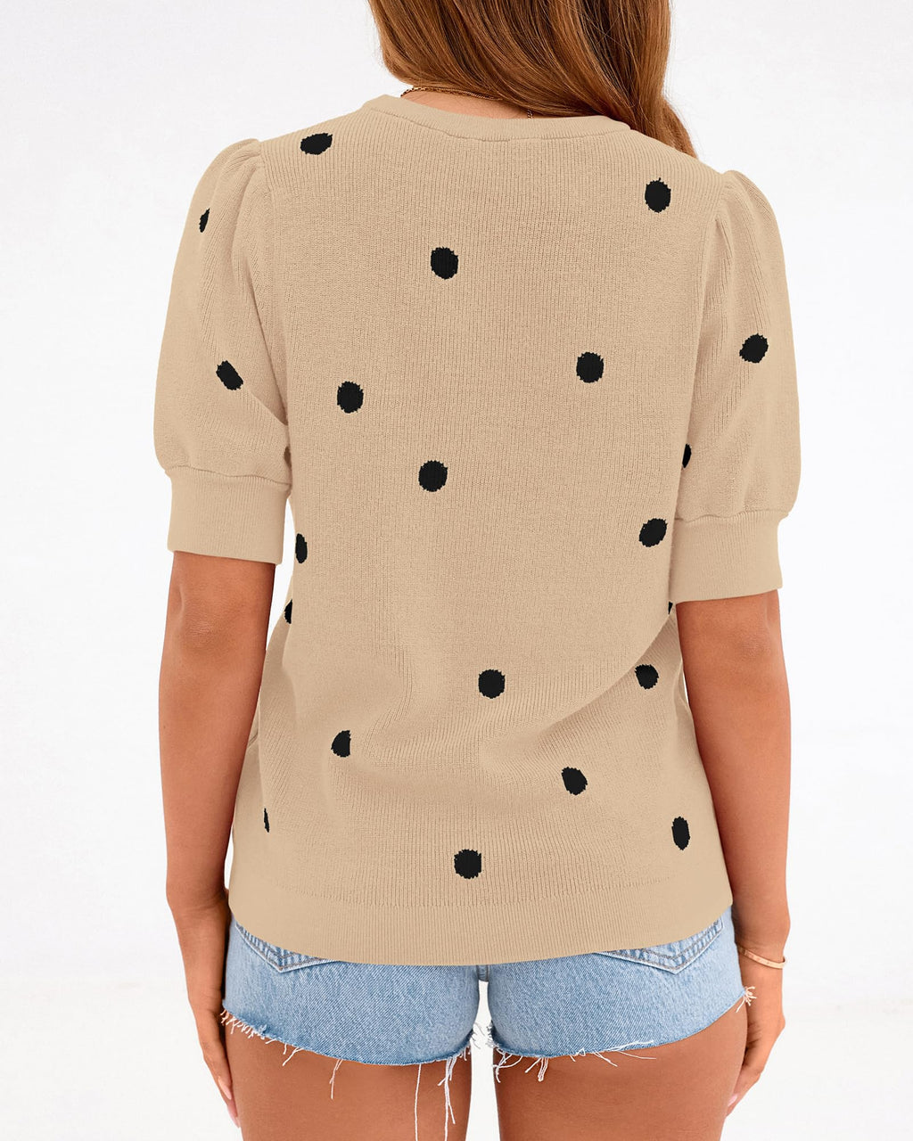 BTFBM Womens Sweaters Polka Dot Short Sleeve Sweater for Women Crew Neck Knit Summer Tops Business Dressy Casual Blouses