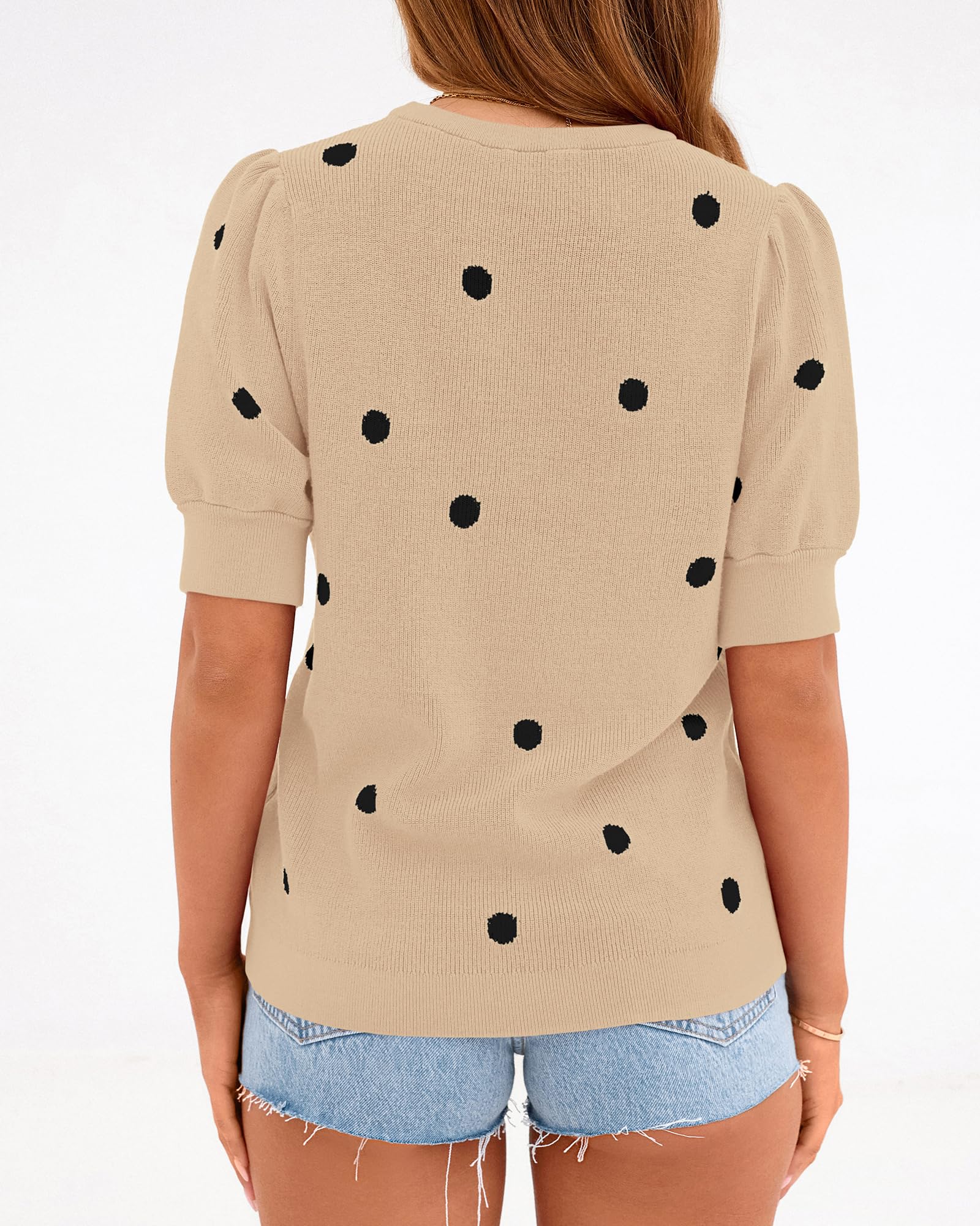 BTFBM Womens Sweaters Polka Dot Short Sleeve Sweater for Women Crew Neck Knit Summer Tops Business Dressy Casual Blouses