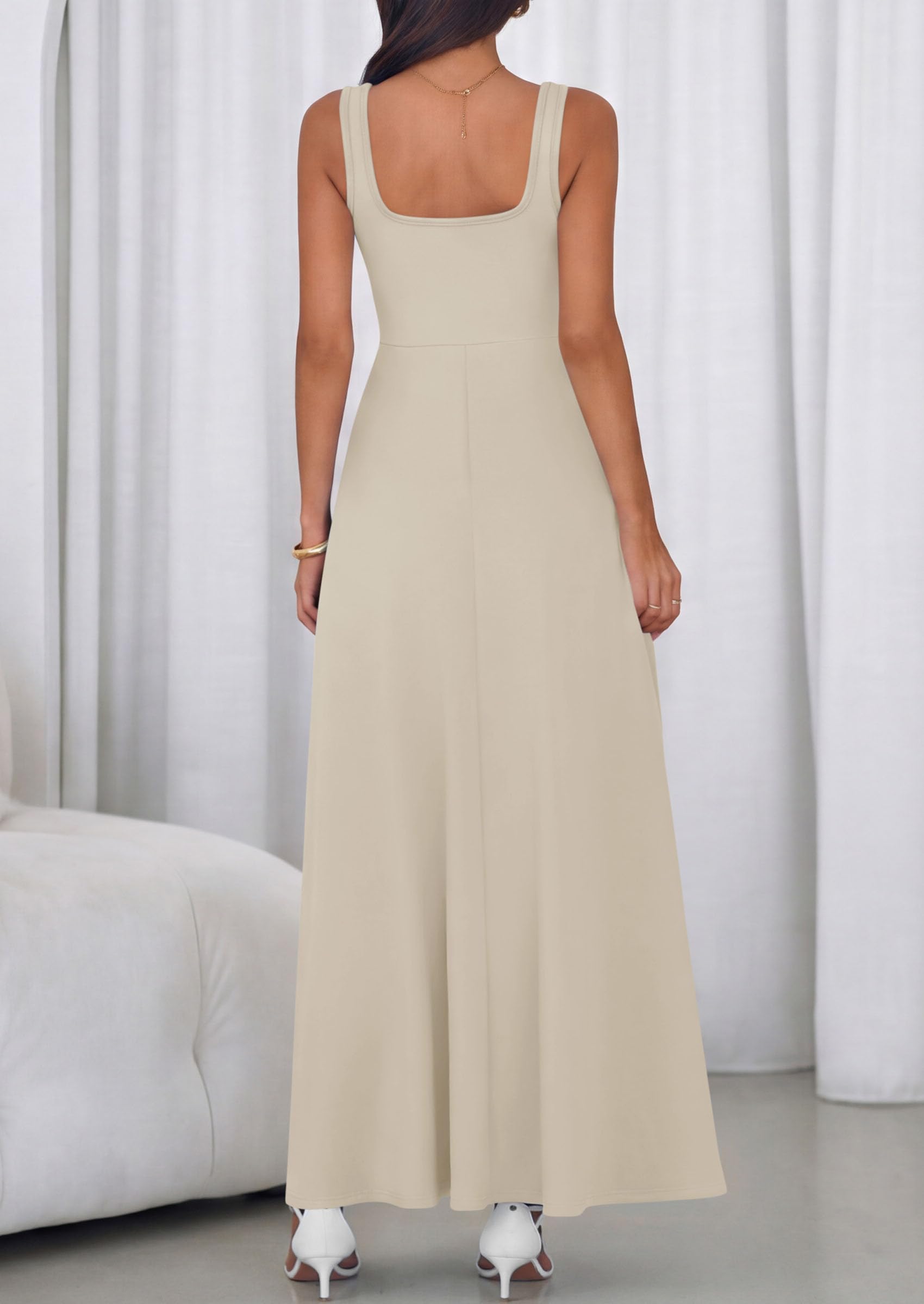 PRETTYGARDEN Womens Summer Dresses Sleeveless Elegant Square Neck Aline Swing Maxi Beach Wedding Guest Dress Pockets