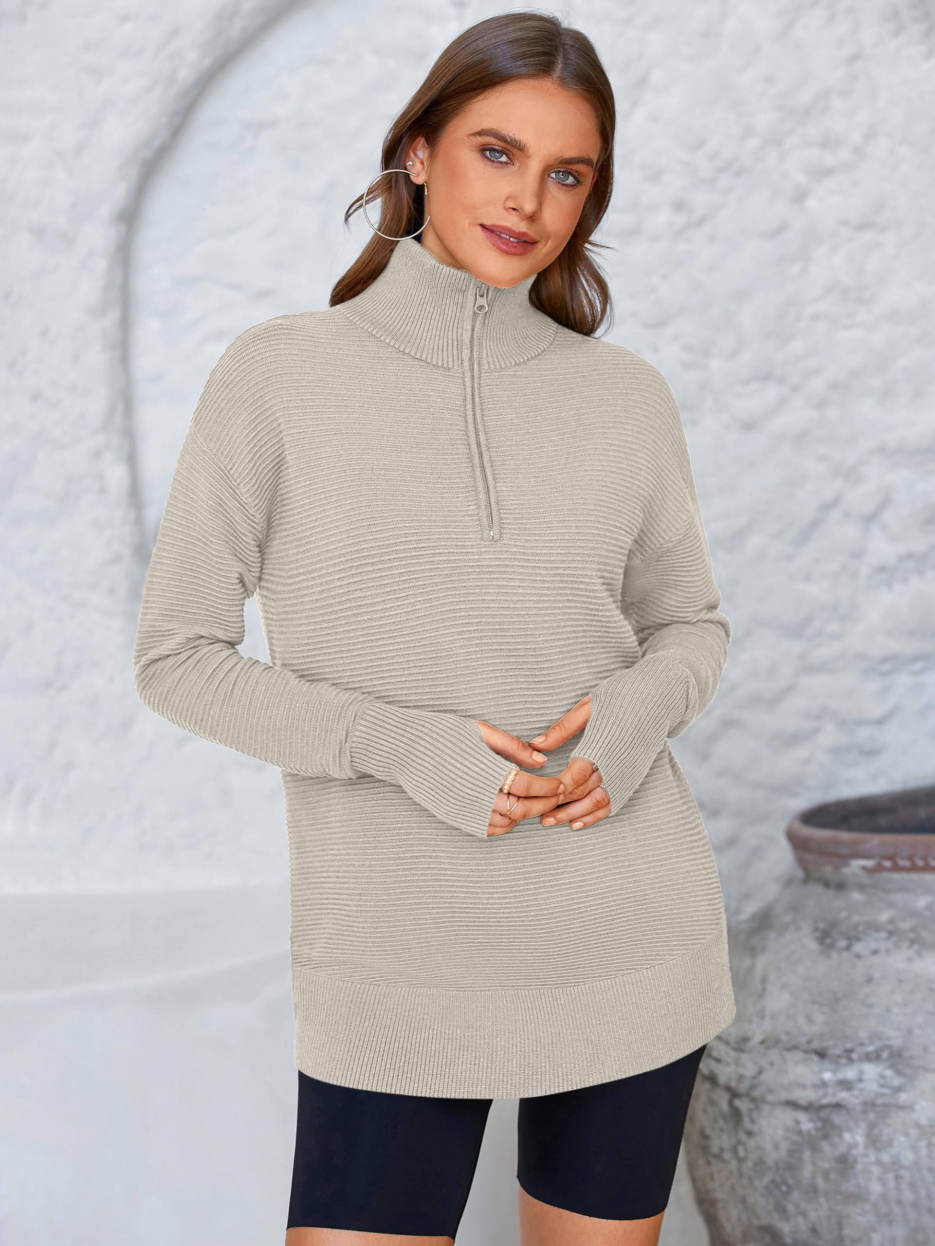 PRETTYGARDEN Womens Long Sleeve Quarter Zip Pullover Sweater Casual Loose V Neck Collared Ribbed Knit Jumper Tops Thumb Hole
