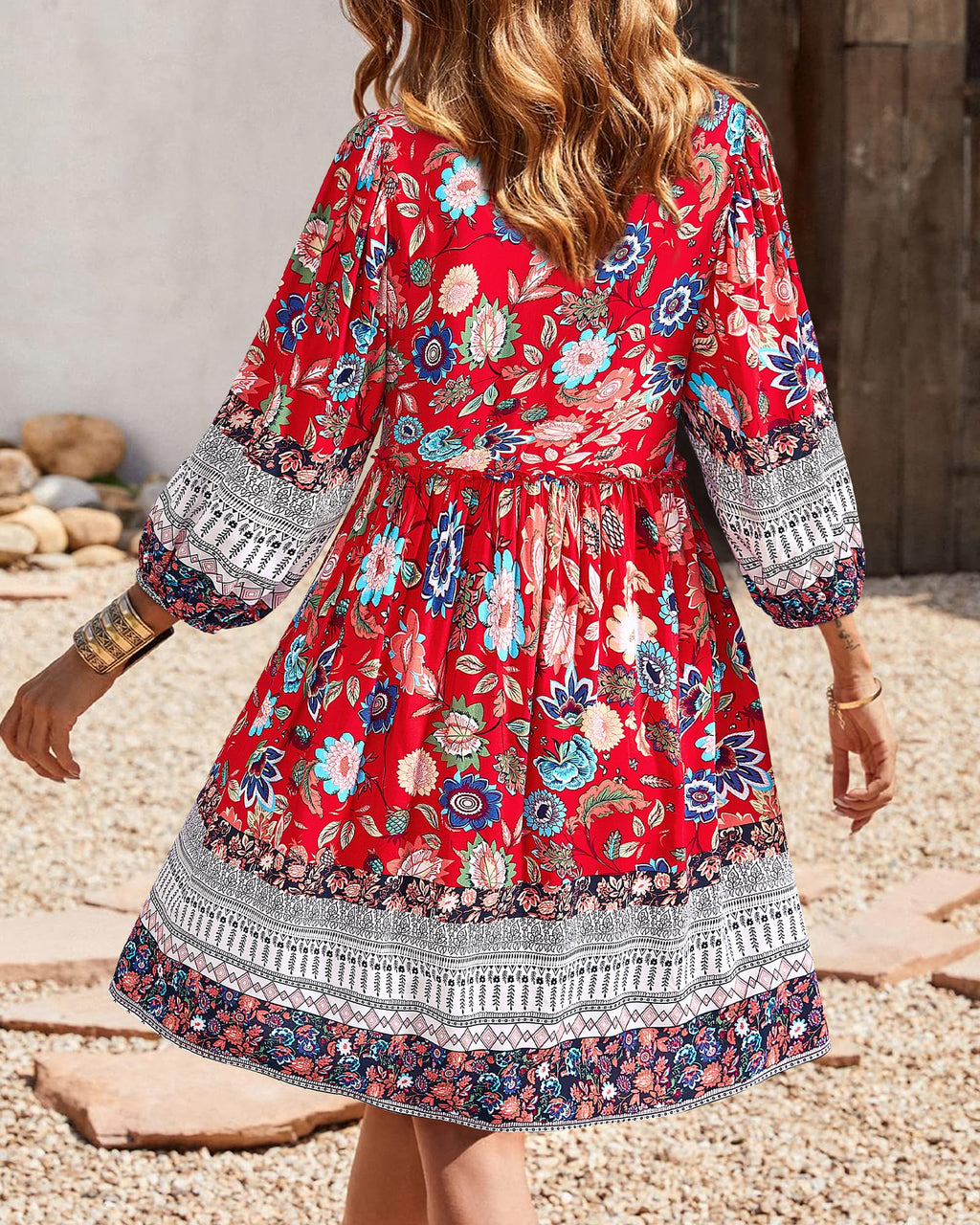 BTFBM Women Casual Spring Summer Dresses V Neck 3/4 Long Sleeve Ruffle Floral Flowy Boho Babydoll Mini Short Beach Dress