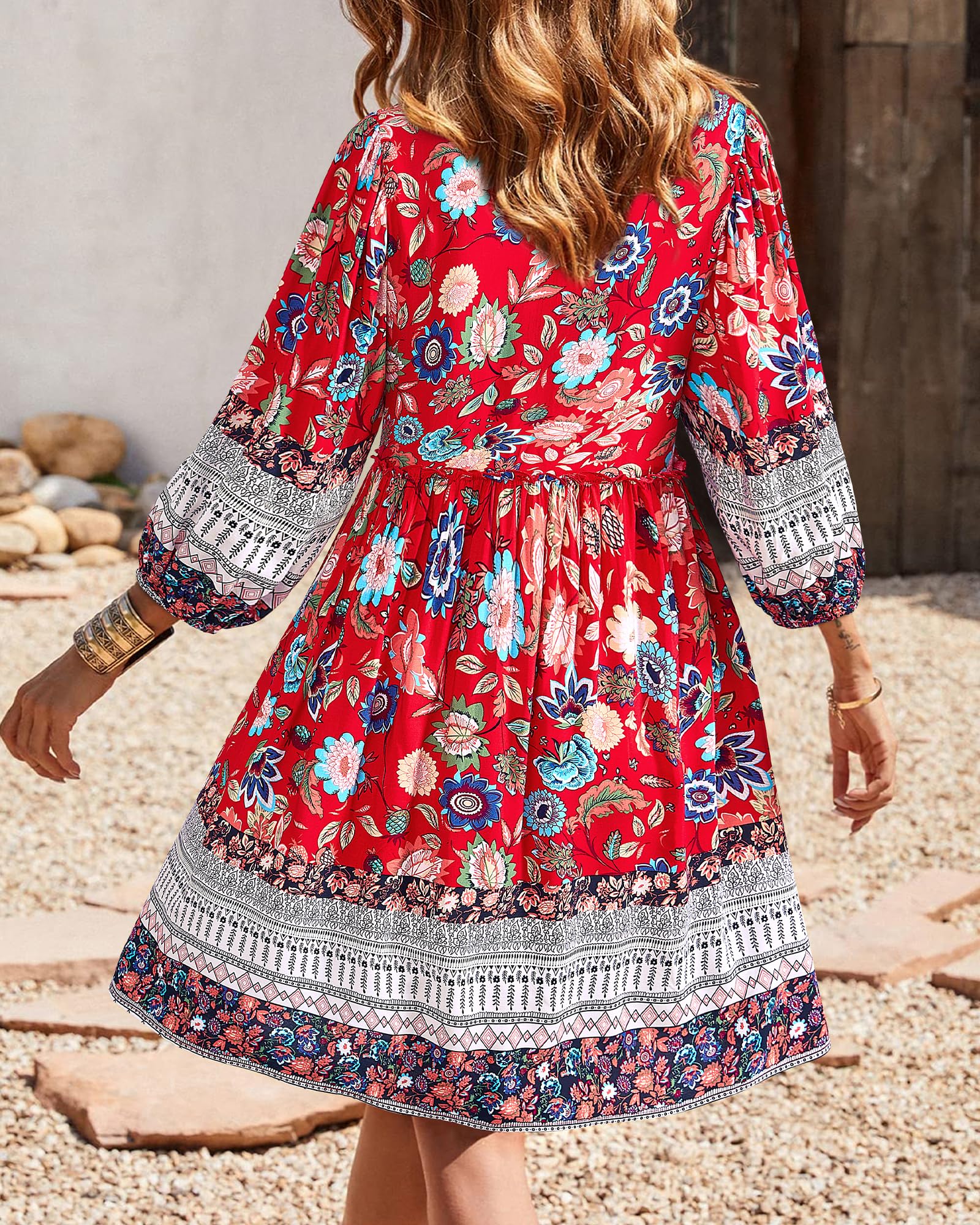 BTFBM Women Casual Spring Summer Dresses V Neck 3/4 Long Sleeve Ruffle Floral Flowy Boho Babydoll Mini Short Beach Dress