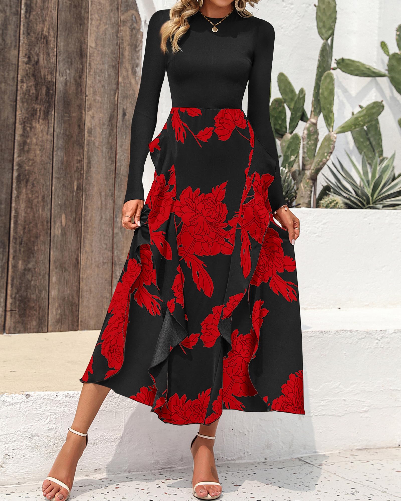 FreshPretty Womens Floral Maxi Dress Fall Casual Crewneck Long Sleeve Ruffle Flowy Cocktail Wedding Guest Dresses