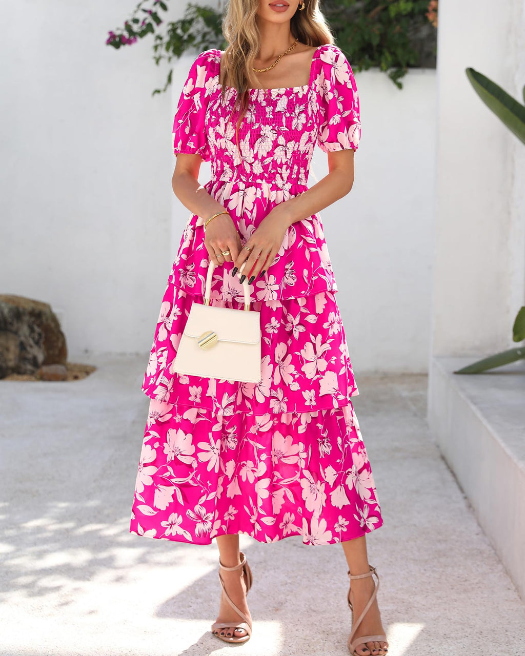 BTFBM Womens Square Neck Smocked Dress Summer Puff Short Sleeve Floral Casual Ruffle Tiered Maxi Wedding Guest Dresses