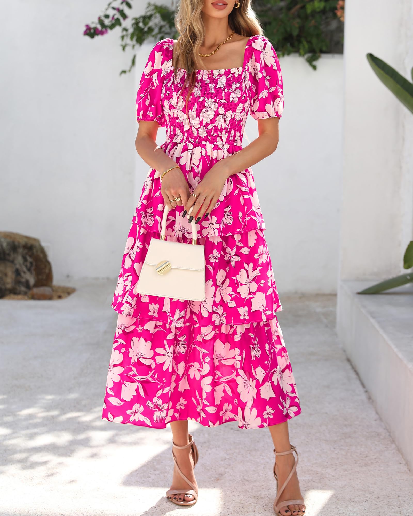BTFBM Womens Square Neck Smocked Dress Summer Puff Short Sleeve Floral Casual Ruffle Tiered Maxi Wedding Guest Dresses