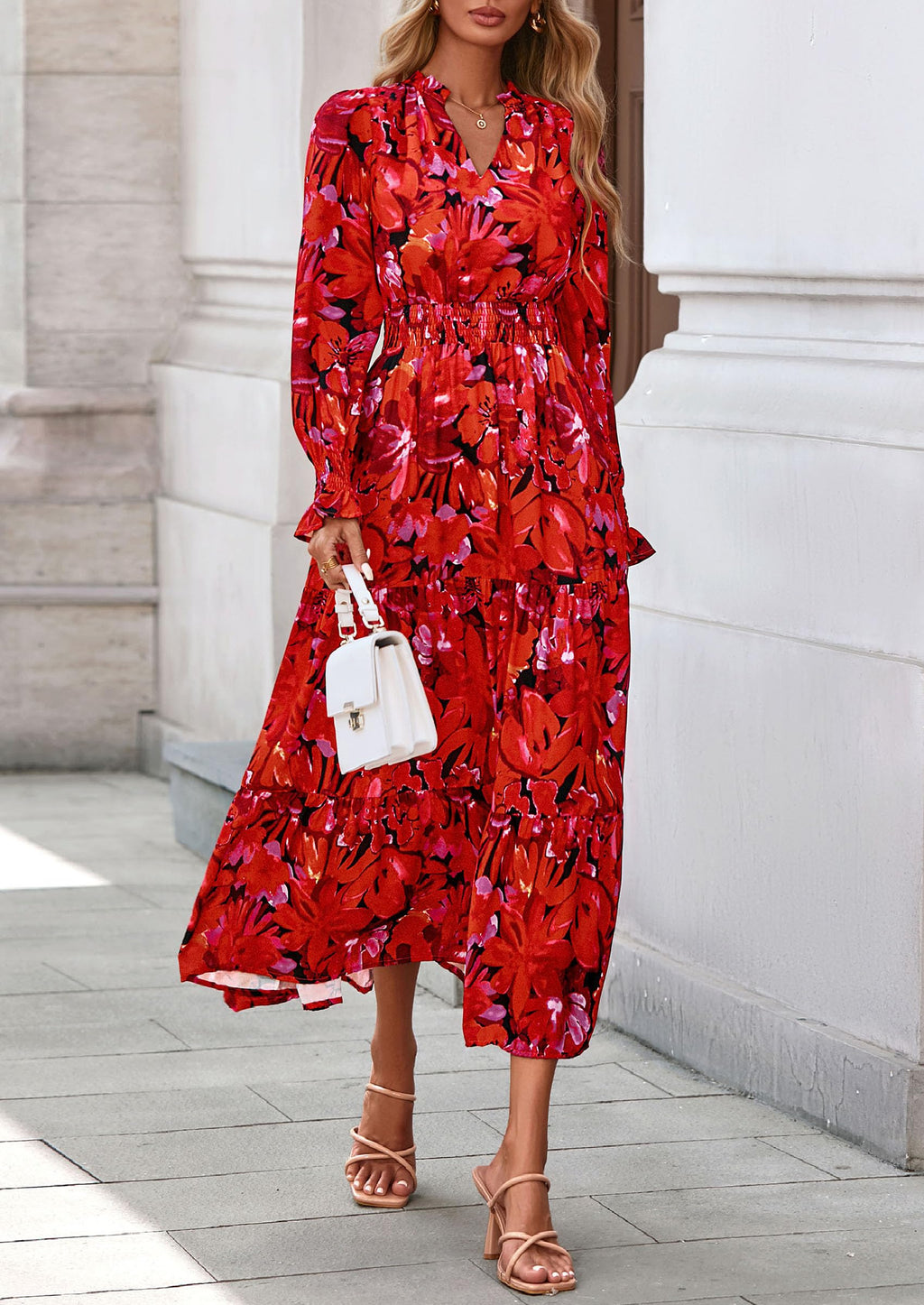 PRETTYGARDEN Women's Floral Maxi Dress Fall Long Sleeve V Neck Casual A Line Long Flowy Boho Party Dresses