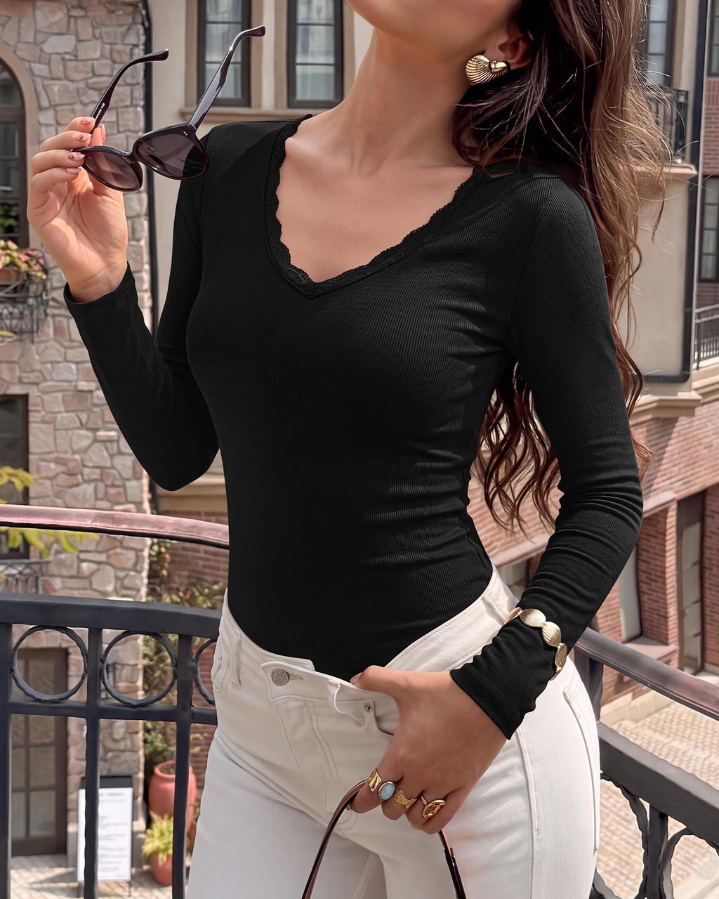 BTFBM Lace Deep V Neck Fitted Long Sleeve Shirts for Women | Womens Fall Fashion, Casual T Shirt, Base Layer, Basic Undershirts, Slim Fit Going Out Tops, Date Night Out Outfits