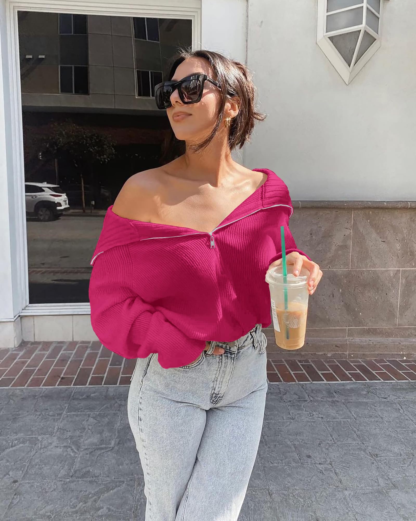 FreshPretty Womens Sweaters Quarter Zip Pullover V Neck Collar Long Sleeve Ribbed Knit Loose Casual Winter Fall Sweater