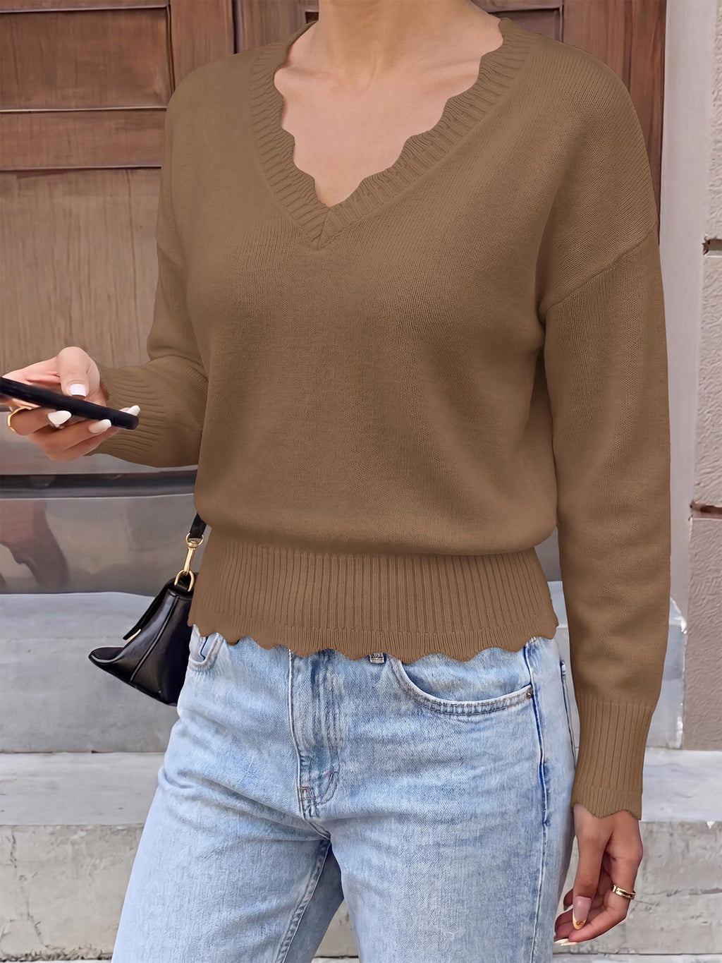 BTFBM Fall Long Sleeve Sweaters for Women | V Neck,Drop Shoulders,Scallop Edges,Lightweight Knit Sweaters Top,Daily Wear,Holiday,Christmas,Winter Clothing