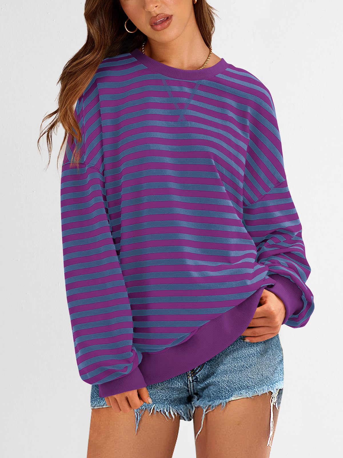 PRETTYGARDEN Womens Striped Oversized Sweatshirt Color Block Crew Neck Long Sleeve Casual Loose Pullover Top Y2K Clothes