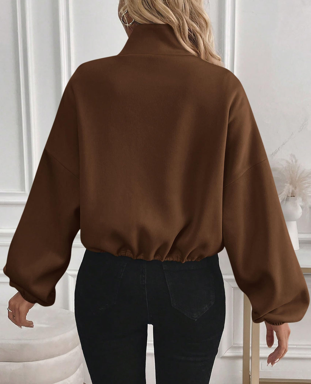 PRETTYGARDEN Womens Zip Up Fleece Cropped Sweatshirt Jacket Oversized Loose Soft Stand Collar with Drawstring Hem, Long Sleeve Casual Coat With Pockets, Fall Outfits Winter Clothing