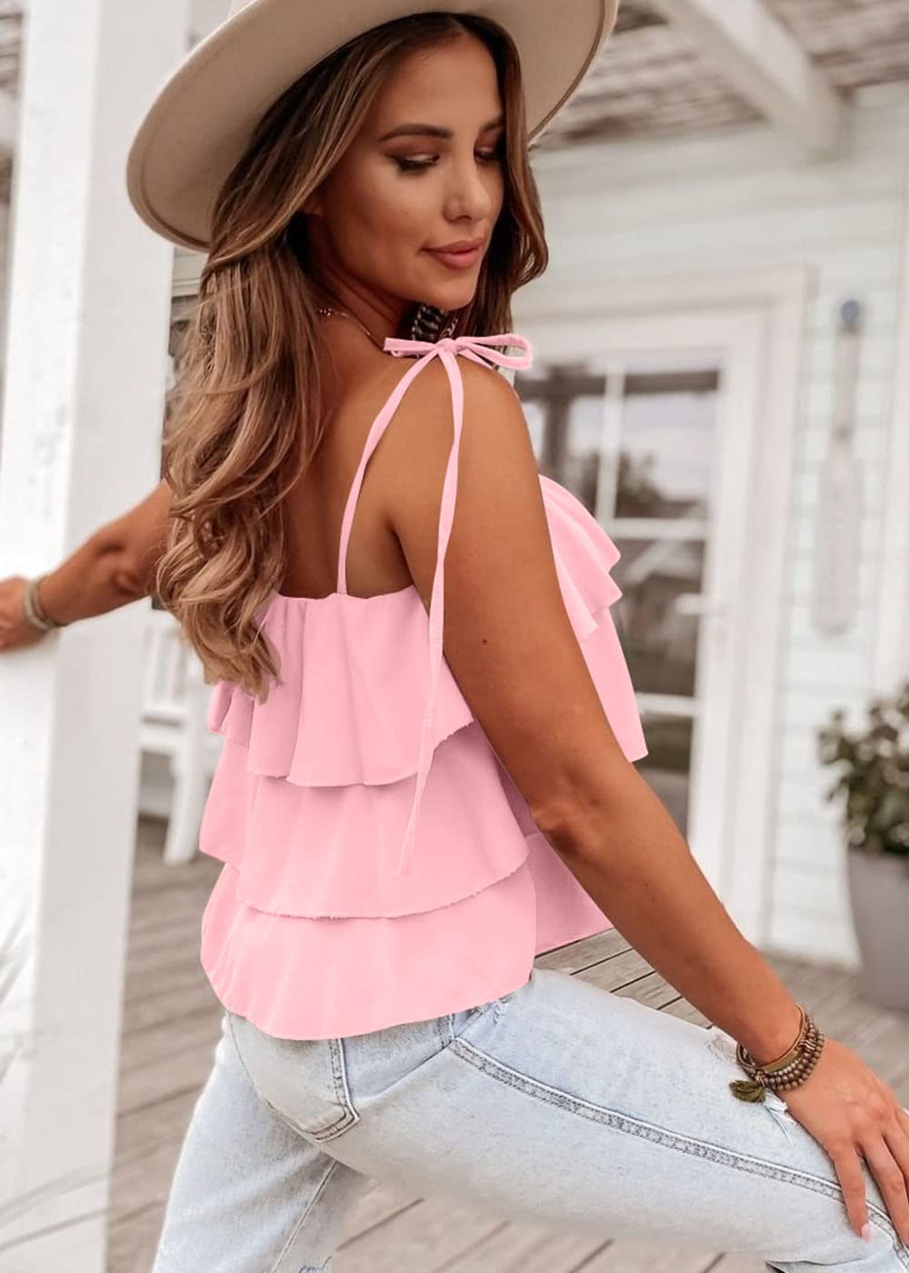 FreshPretty Spaghetti Strap Ruffle Babydoll Peplum Tank Tops for Women Summer Cute Flowy Beach Vacation Cruise Outfits