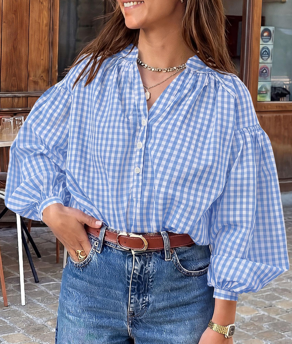 PRETTYGARDEN Women Fall Plaid Long Puff Sleeve Shirts V Neck Casual Blouses Gingham Button Down Oversized, Pleated Drop Shoulder Cotton Tops, Dressy Casual, Work Vacation Travel, Fall Outfits Trendy