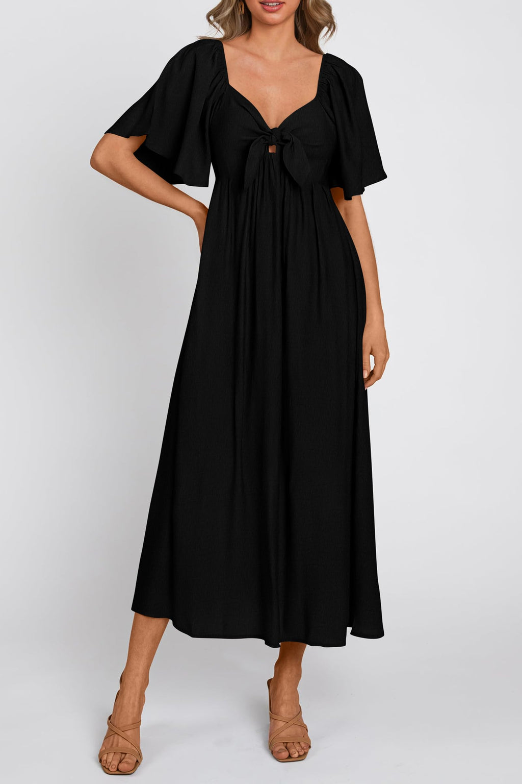 PRETTYGARDEN Summer Dress for Women Casual Short Sleeve Bow Tie V Neck Ruffle Midi Flowy Dresses