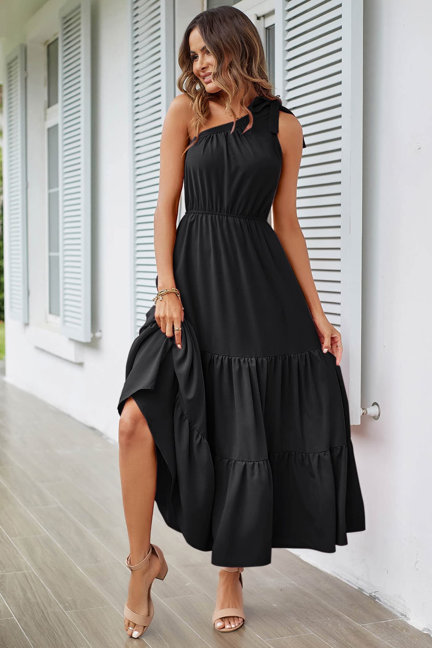 PRETTYGARDEN Women's Summer Floral One Shoulder Maxi Dress Knot Ruffle Boho Beach Vacation Wedding Guest Long Sun Dresses