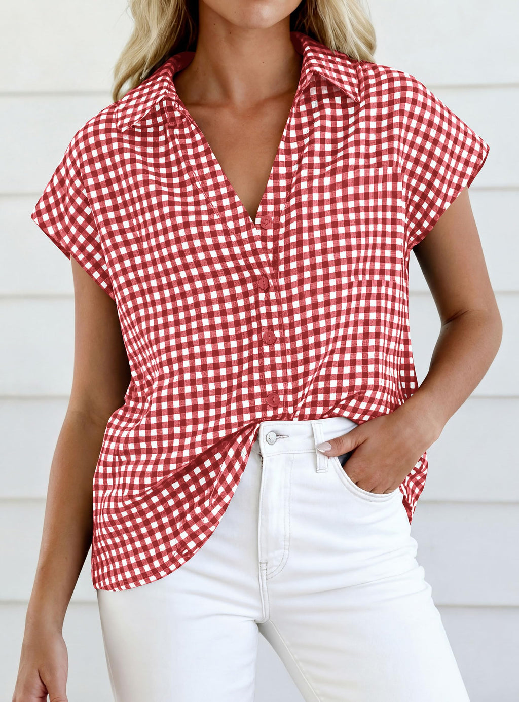 PRETTYGARDEN Womens Short Sleeve Shirts Plaid Button Down Blouse Dressy Casual Summer Spring Business Gingham Work Tops