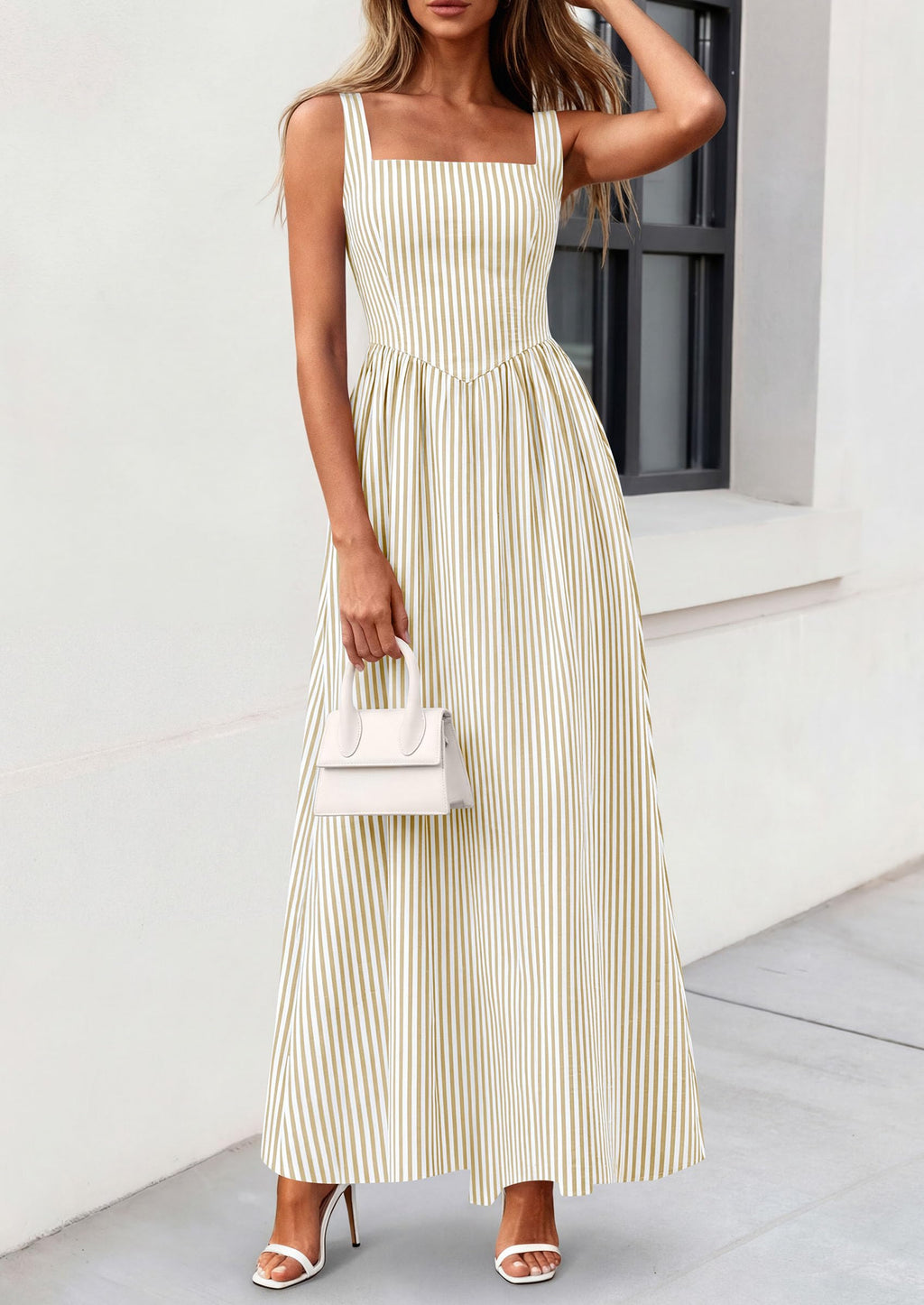PRETTYGARDEN Women's Maxi Striped Dress Summer Sleeveless Square Neck Smocked A Line Long Flowy Spring Vacation Sundress