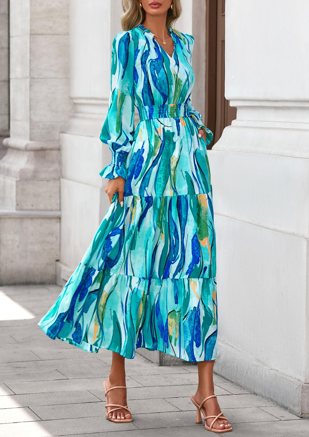 PRETTYGARDEN Women's Floral Maxi Dress Fall Long Sleeve V Neck Casual A Line Long Flowy Boho Party Dresses