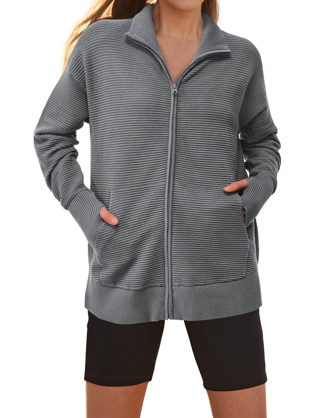 PRETTYGARDEN Womens Fall Long Sleeve Zip Up Cardigan Sweaters Casual Loose Collared Ribbed Knit Tops Jackets Thumb Hole