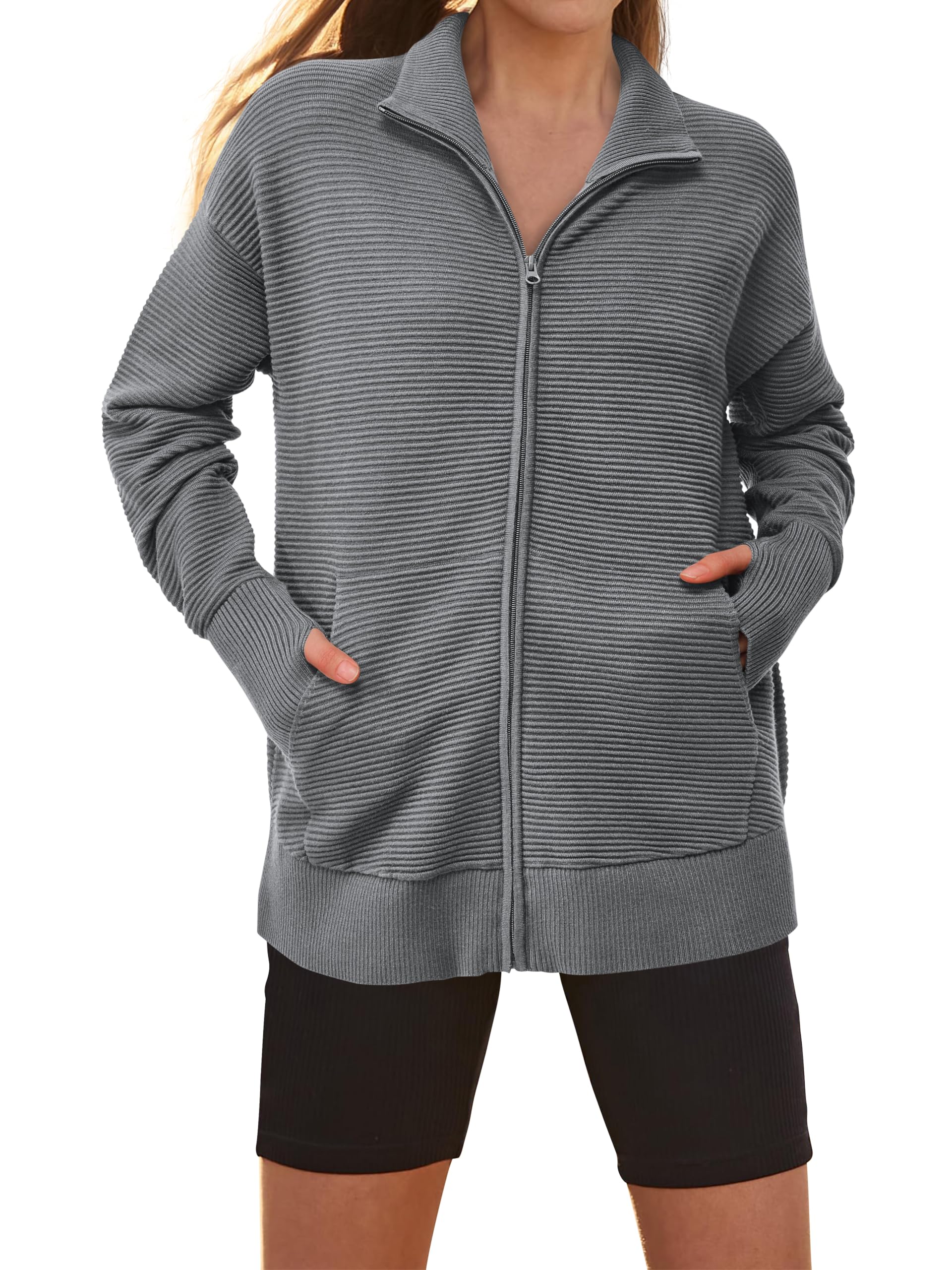 PRETTYGARDEN Womens Fall Long Sleeve Zip Up Cardigan Sweaters Casual Loose Collared Ribbed Knit Tops Jackets Thumb Hole