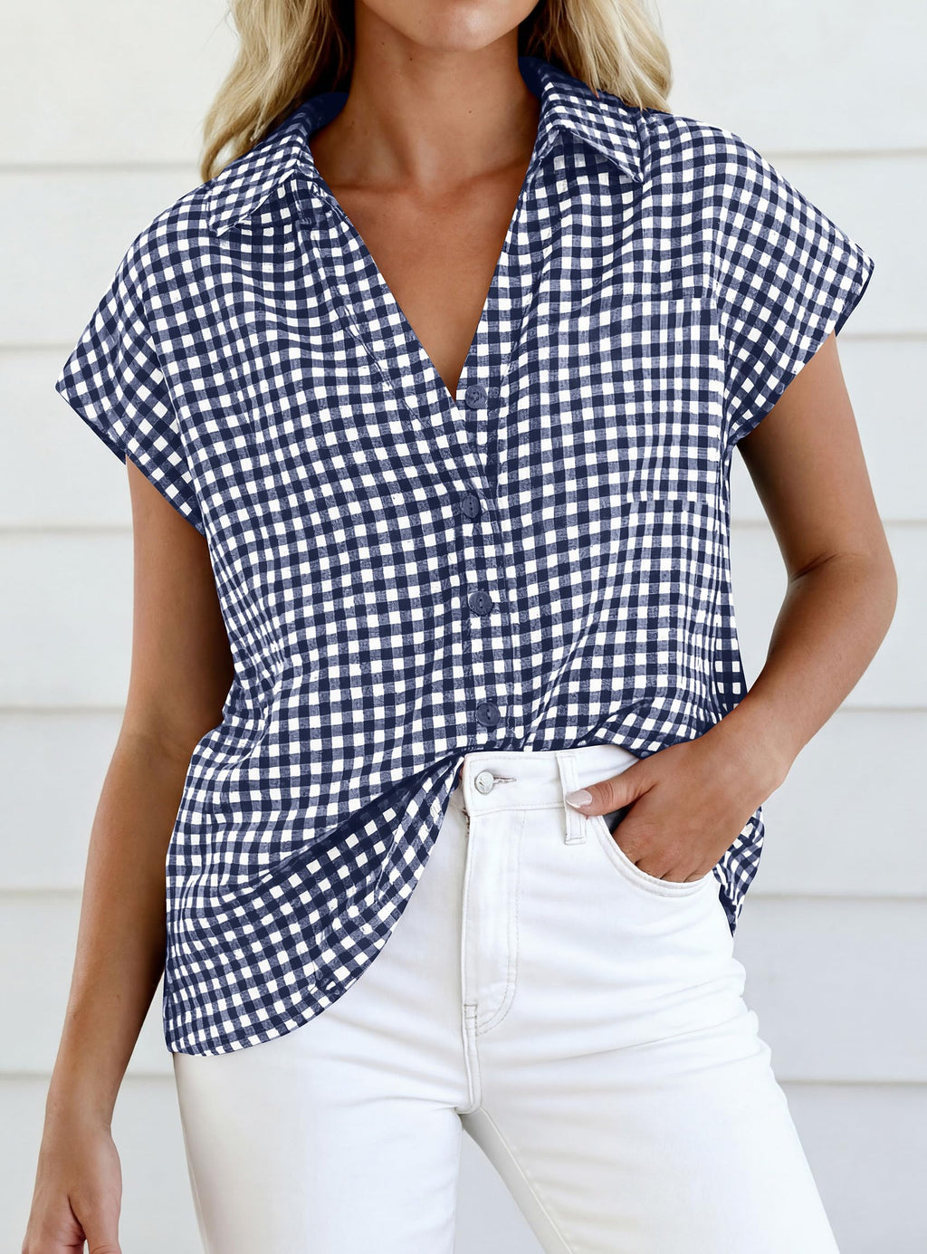 PRETTYGARDEN Womens Short Sleeve Shirts Plaid Button Down Blouse Dressy Casual Summer Spring Business Gingham Work Tops