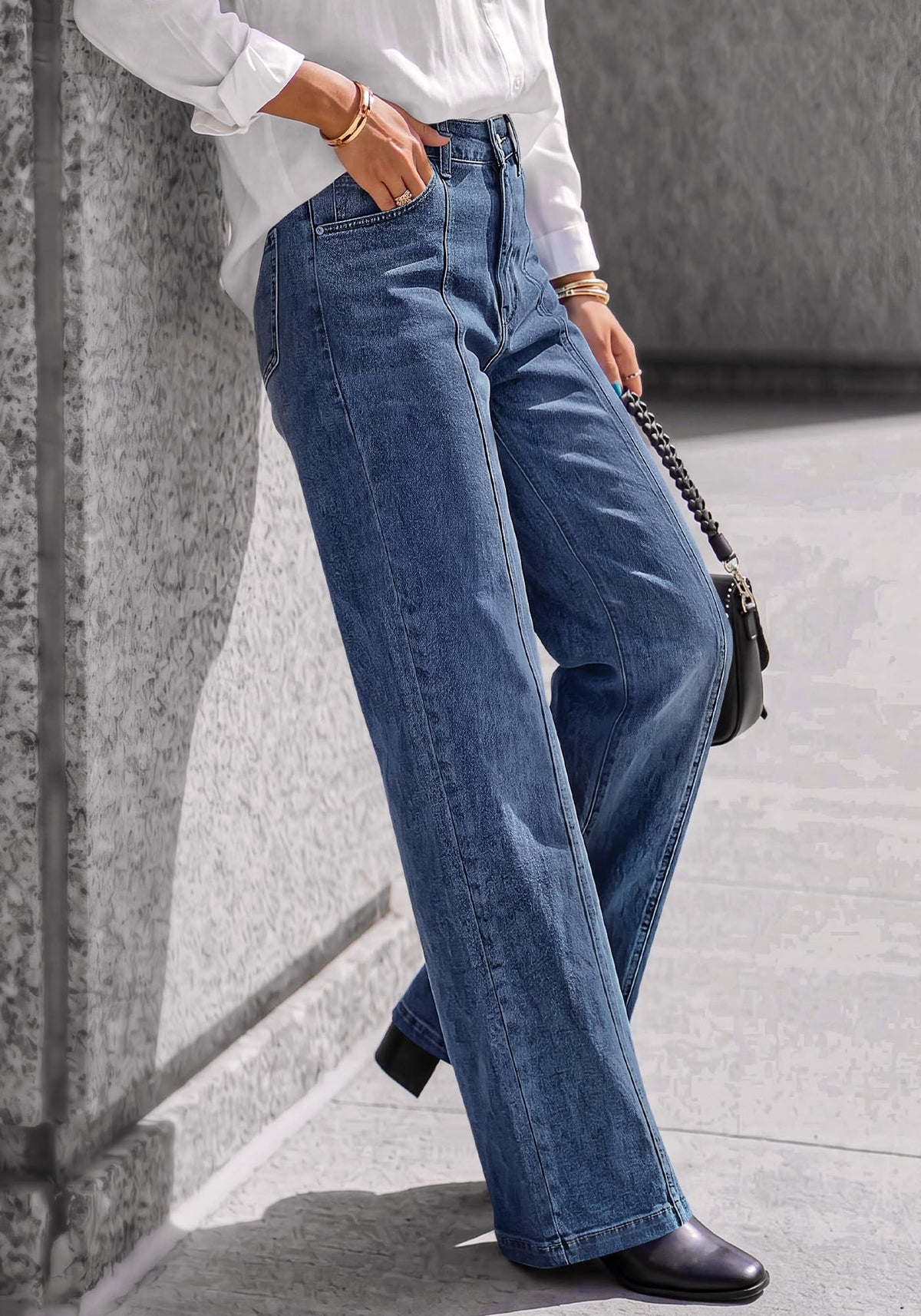 BTFBM Front Seam Stretchy Wide Straight Leg Jeans for Women Trendy Boyfriend Baggy Denim Jeans, High Waisted Palazzo Pants, 5-Pocket, Relaxed Fit, Full Length, Casual Bottoms, Fall Outfits