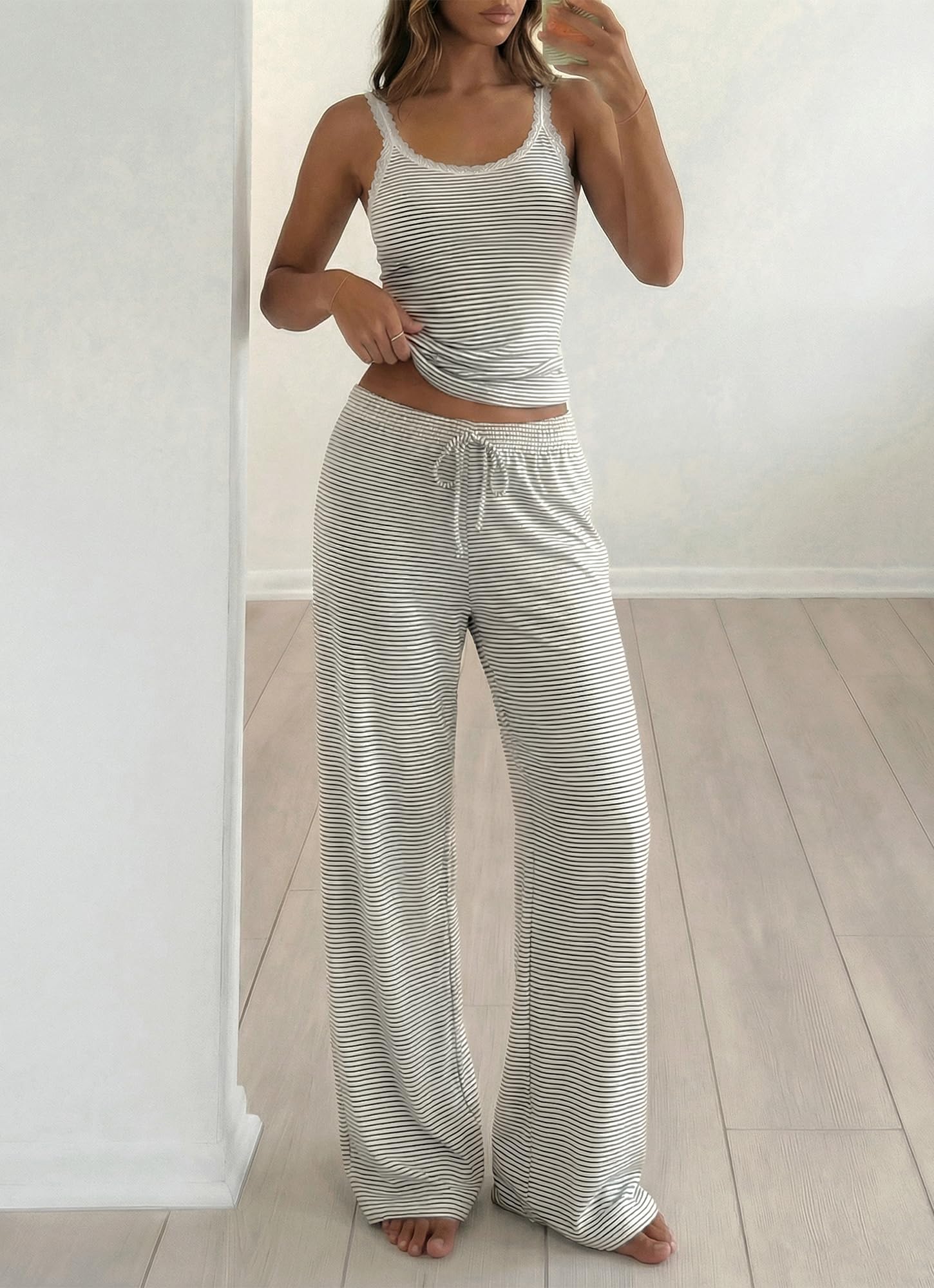 BTFBM Lounge Sets For Women Striped 2 Piece Pajama Sets Spaghetti Strap Tops Wide Leg Pants Beach Vacation Outfits