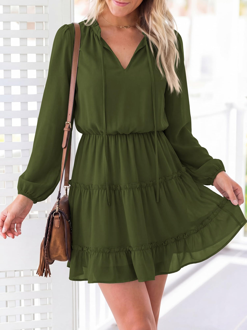 BTFBM Long Sleeve Summer Dresses for Women Casual Tie Neck Ruffle Tiered A Line Mini Spring Wedding Guest Dress