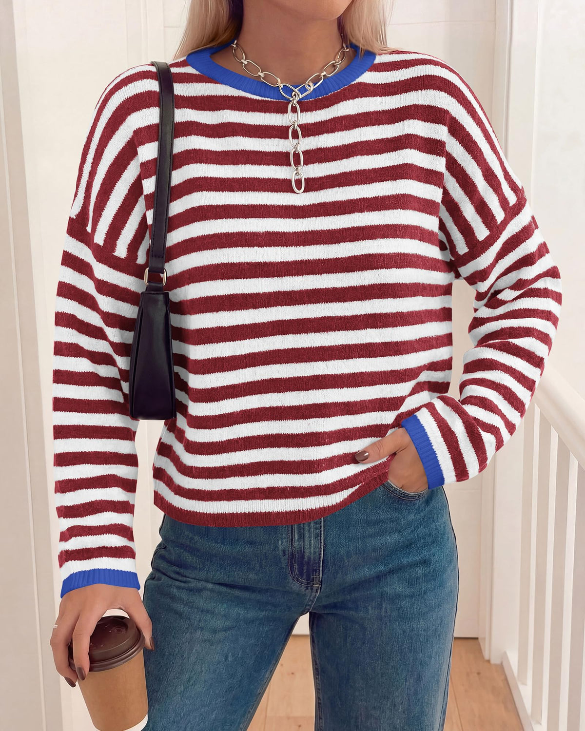 BTFBM Women's Lightweight Oversized Striped Sweater | Soft Knit Cozy Sweaters, Crew Neck Long Sleeve Pullover, y2k Color Block, Casual Holiday Outfits, Winter Fall Clothes