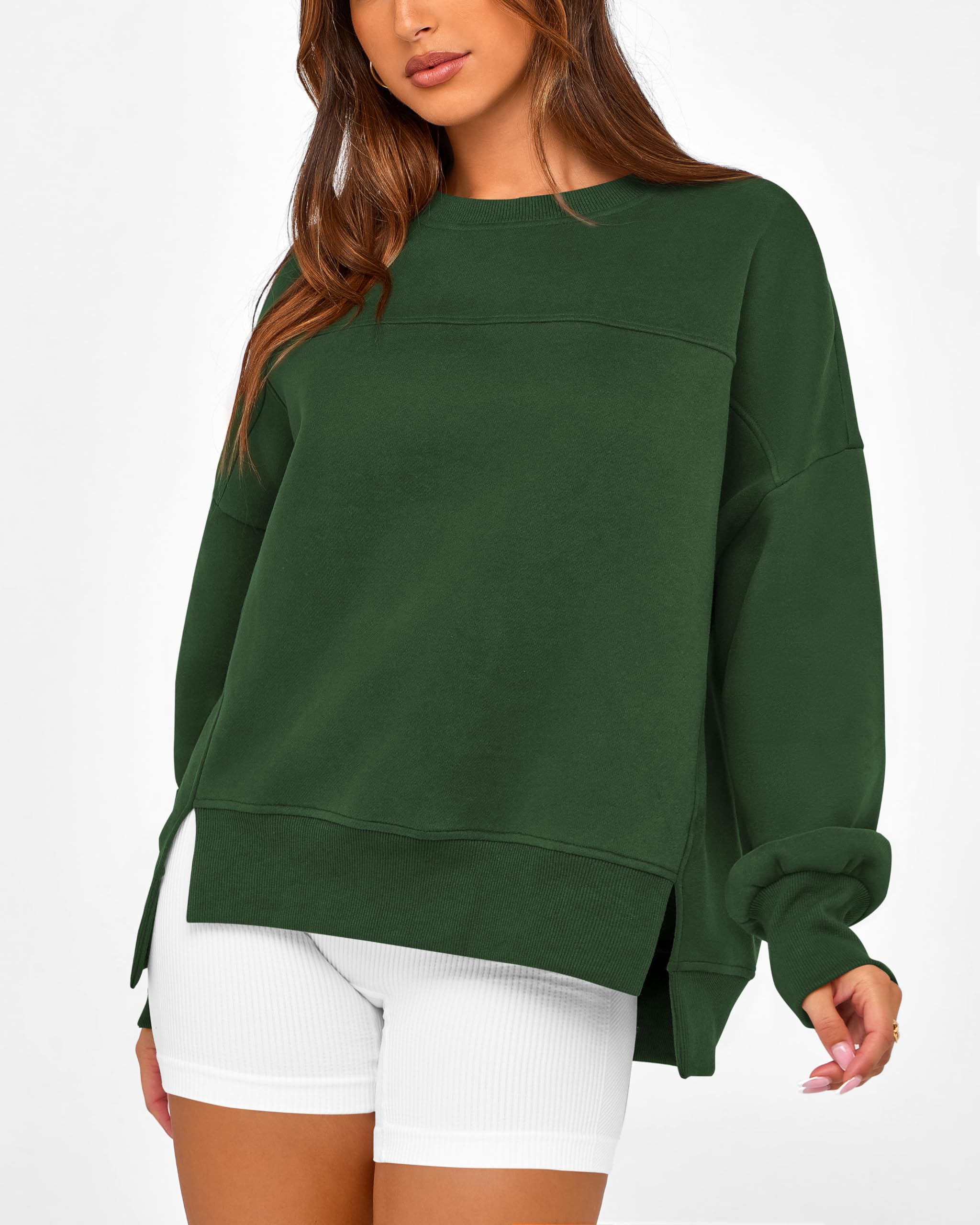 BTFBM Women's Casual Crewneck Sweatshirts Spring Long Sleeve Side Slit Workout Fleece Pullover Top Fashion Clothing
