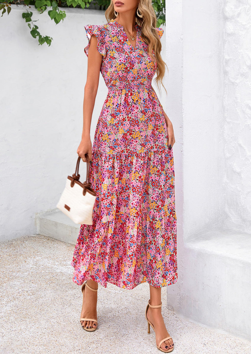 Visit the PRETTYGARDEN Store PRETTYGARDEN Women's Summer Floral Midi Dress Cap Sleeve V Neck Ruffle Long Flowy Boho Casual Beach Vacation Dresses