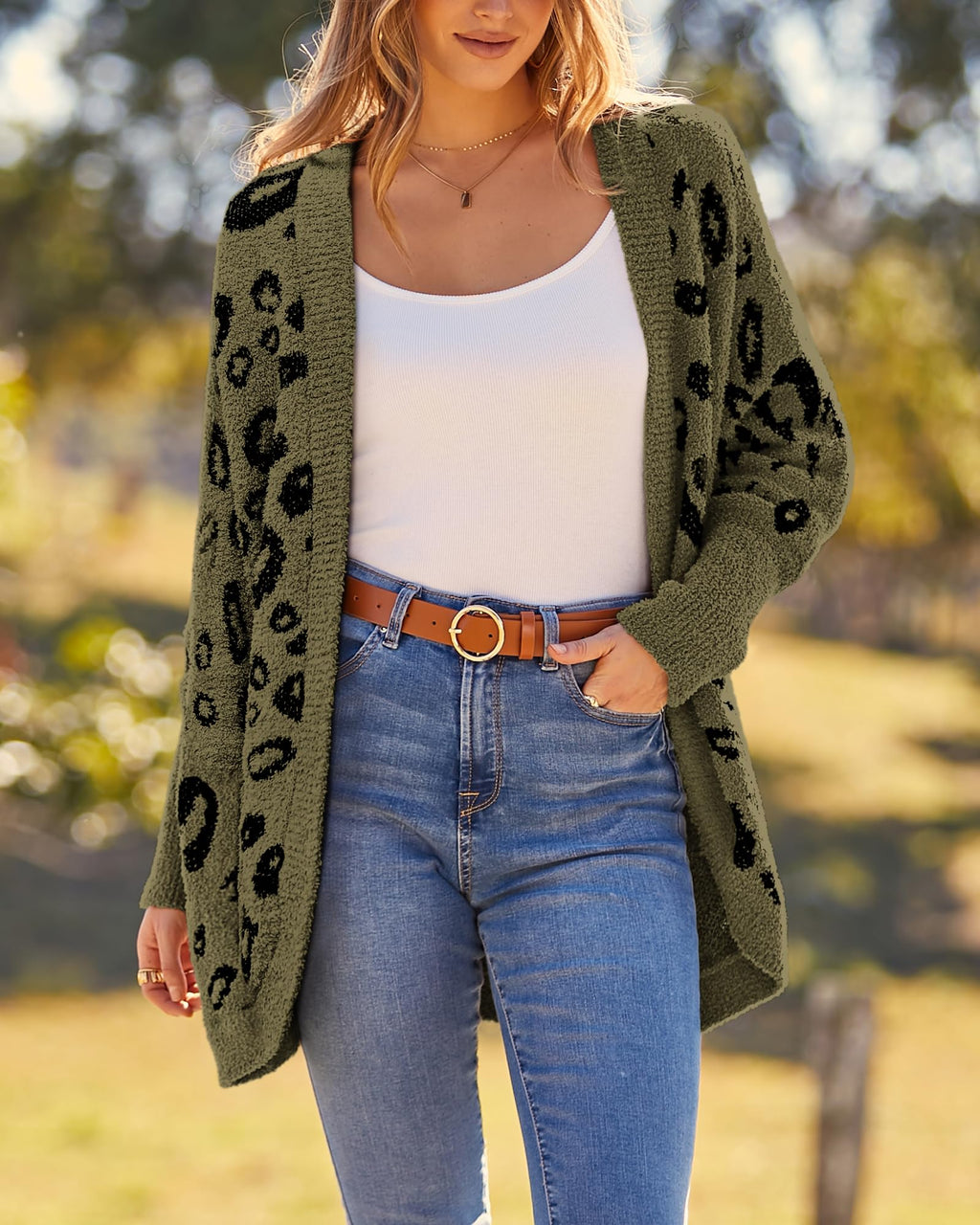 BTFBM Leopard Cardigan for Women Long Sleeve Open Front Cardigans Sweaters Pockets Loose Knit Fall Spring Outwear