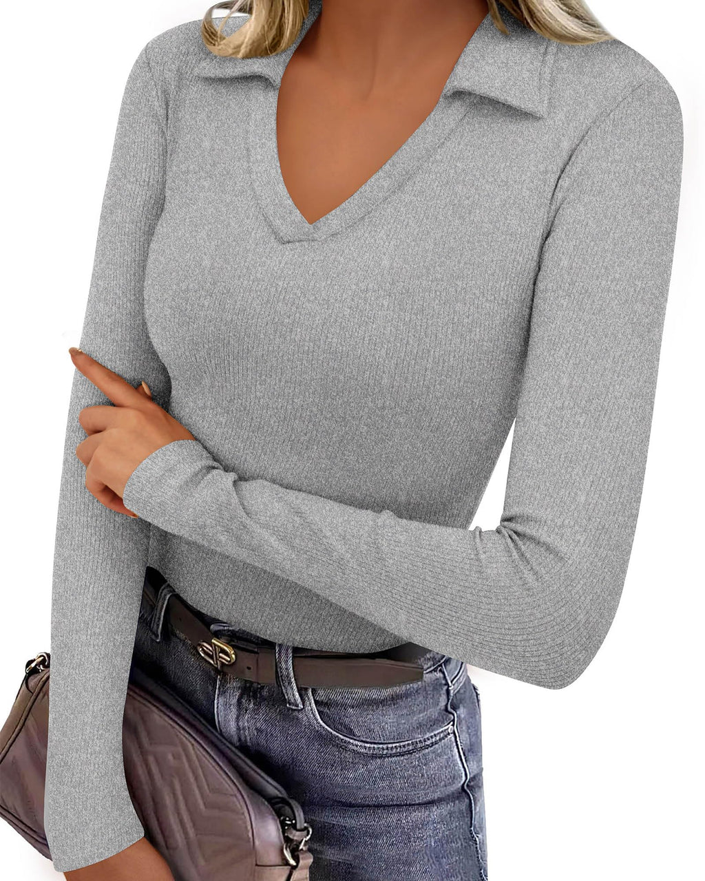 FreshPretty Polo Shirts for Women Long Sleeve Business Casual Tops Spring Fall Ribbed Knit Collared V Neck Slim Work Blouses