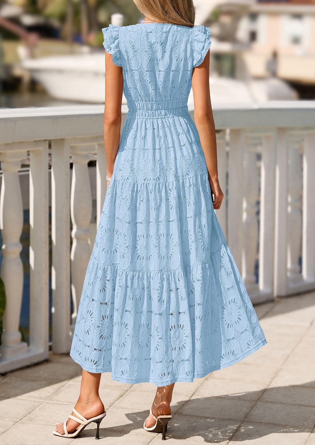 PRETTYGARDEN Womens Boho Maxi Dresses Summer Floral Lace Eyelet V Neck Spring Wedding Guest Dress Beach Vacation Clothes