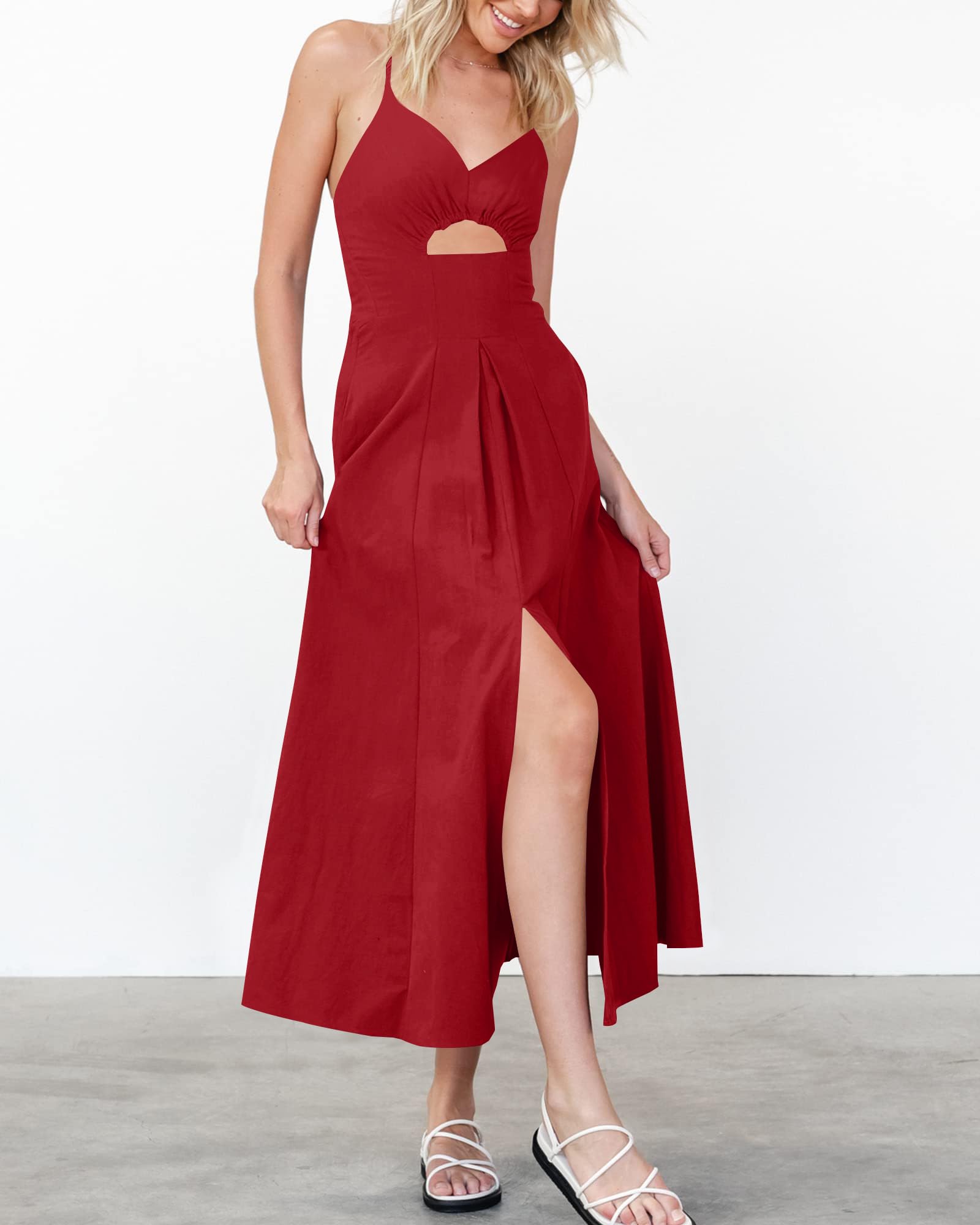 BTFBM Women Spaghetti Strap Midi Summer Dresses Sleeveless V Neck Cutout Slit Casual Beach Party Maxi Dress Pockets