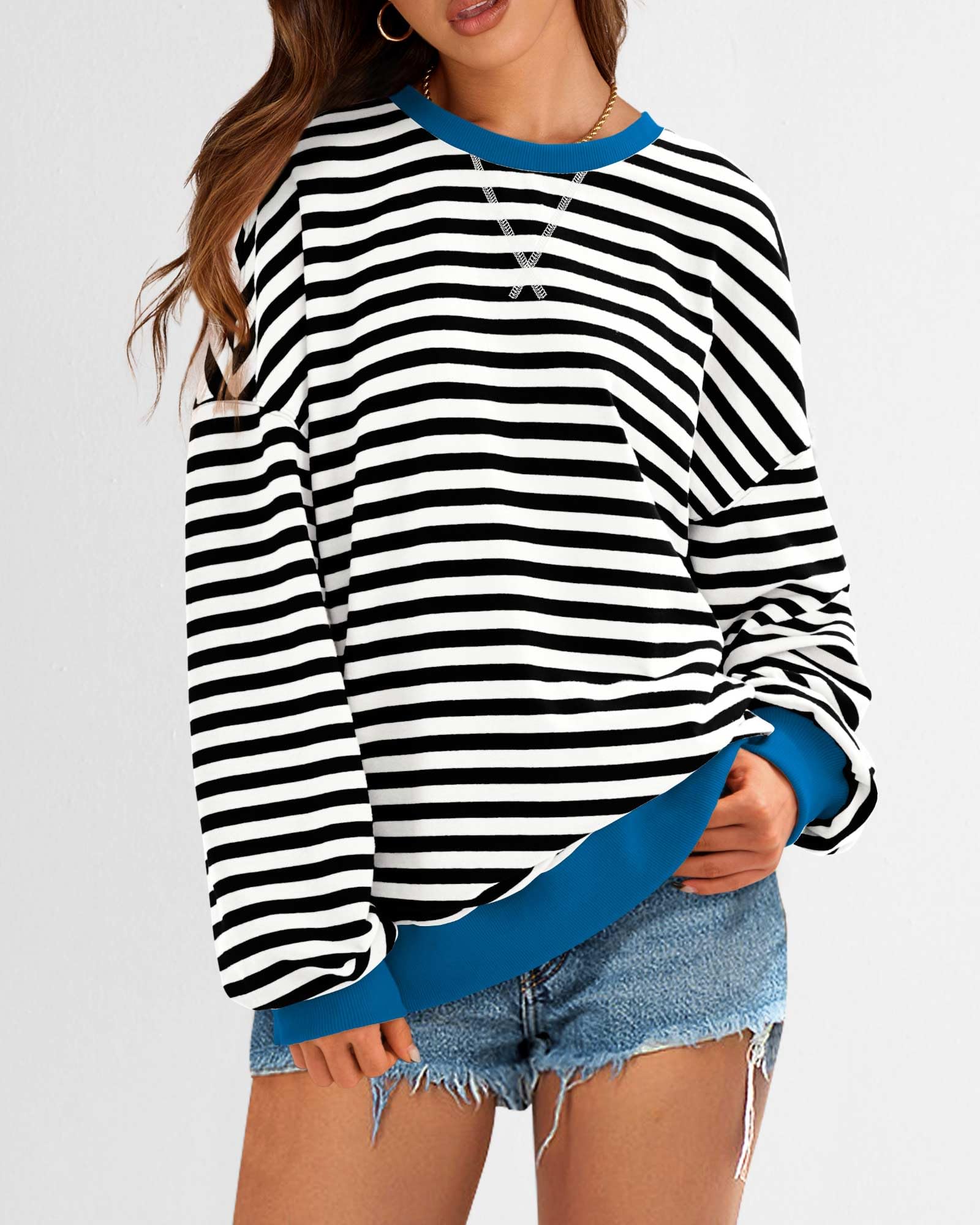 BTFBM Sweatshirt For Women Summer Crewneck Long Sleeve Oversized Striped Pullover Tops Y2K Clothes Workout Shirt