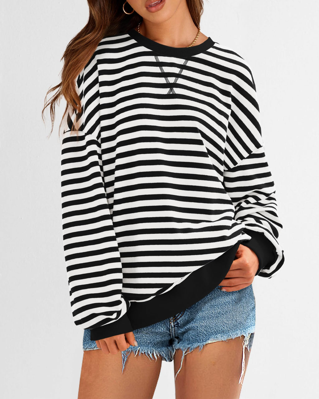 BTFBM Sweatshirt For Women Summer Crewneck Long Sleeve Oversized Striped Pullover Tops Y2K Clothes Workout Shirt