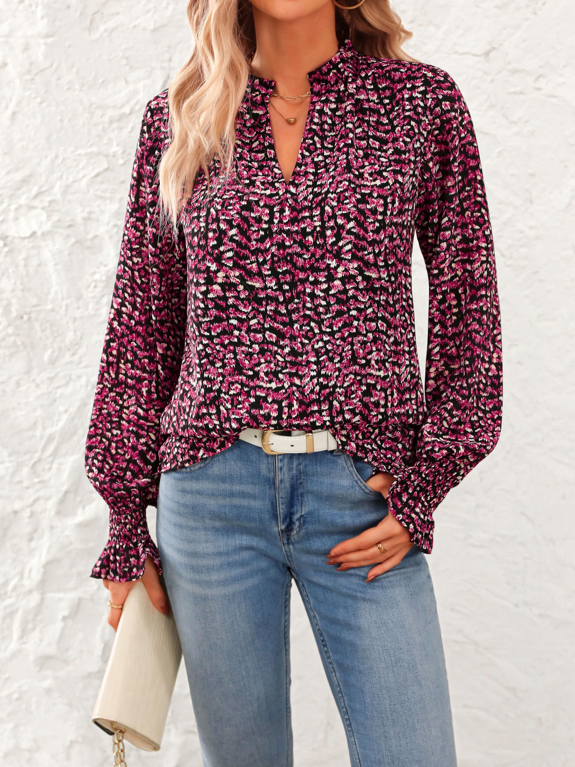 FreshPretty Womens V Neck Floral Long Sleeve Tops Summer Casual Loose Puff Sleeve Chiffon Boho Work Blouse Dressy T Shirts