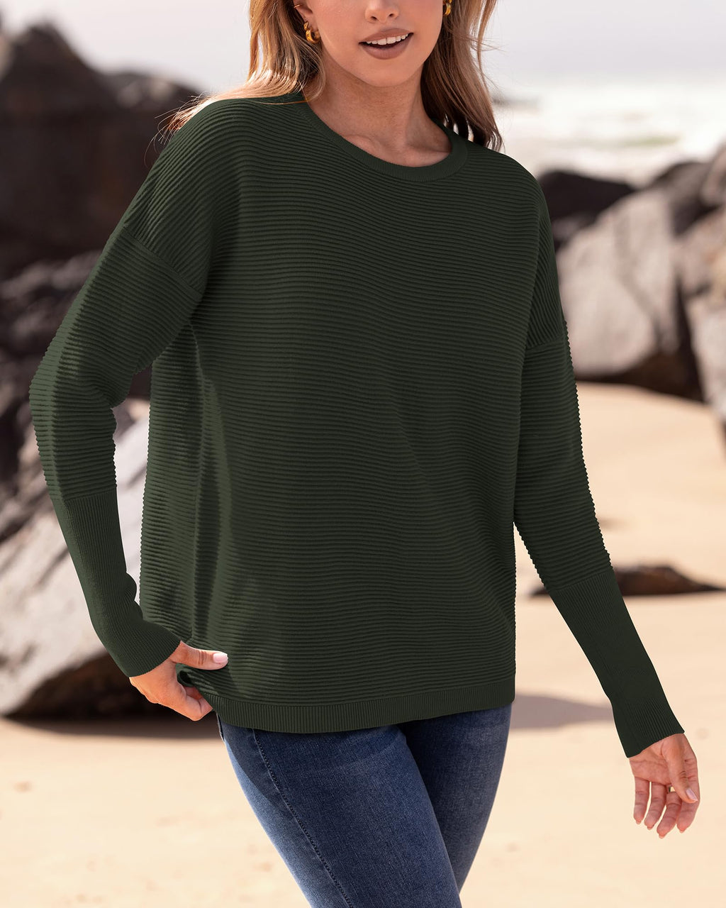 FreshPrettyFall Sweaters for Women Casual Long Sleeve Sweater Striped Loose Fit Pullover Tops