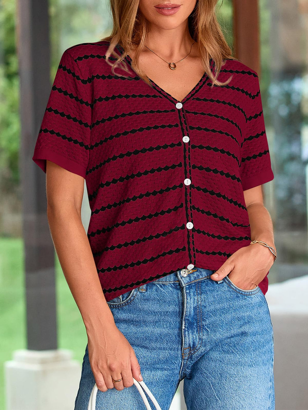 FreshPretty Women's Short Sleeve Sweater Spring Summer Crochet Knit Tops V Neck Striped Button Down Dressy Casual Blouses